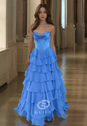 A Line Sweetheart Tiered Blue Long Prom Dress Floor Length Formal Party Gown