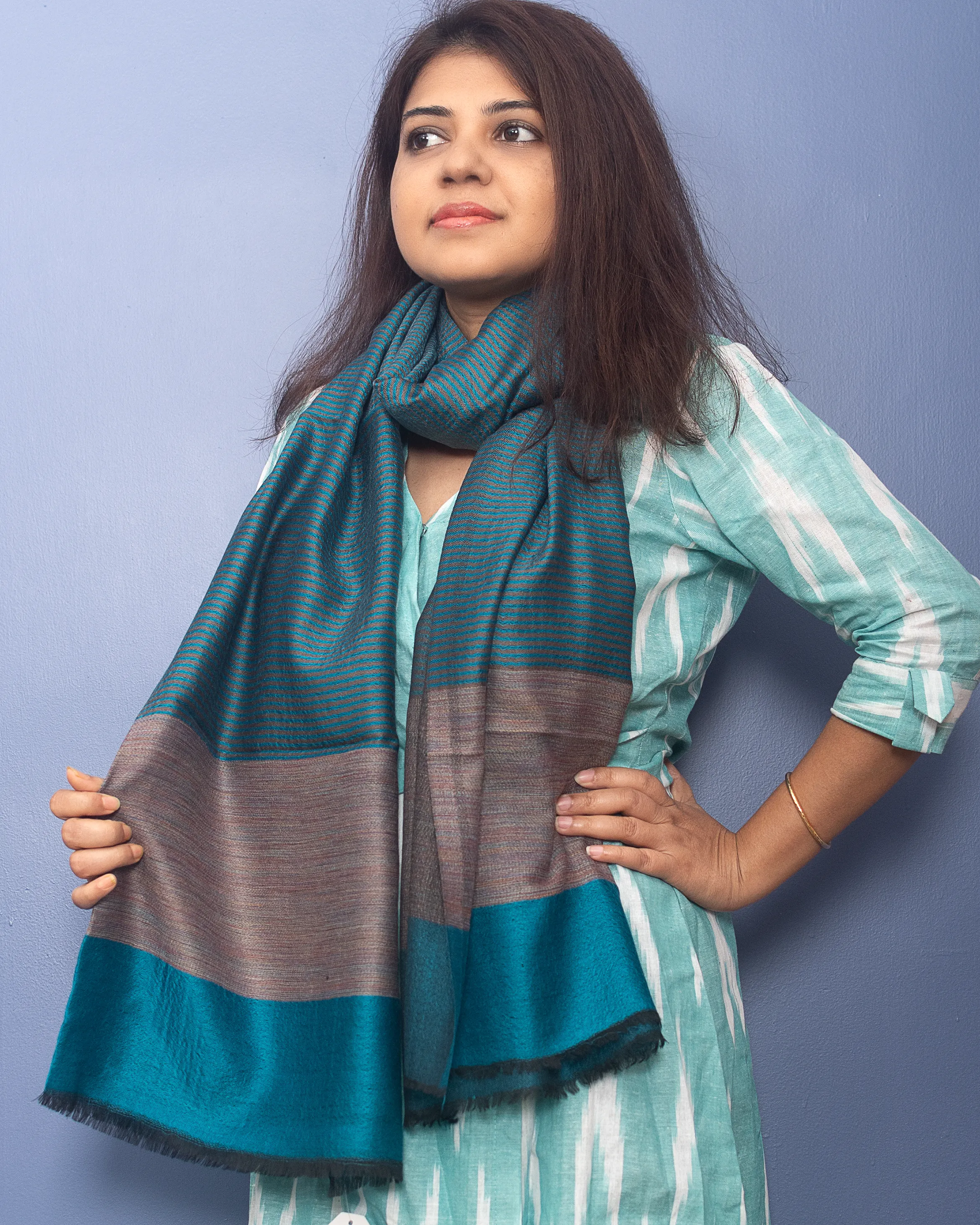 Aegean Blue Color With Black Stripe Woven Pashmina Stole