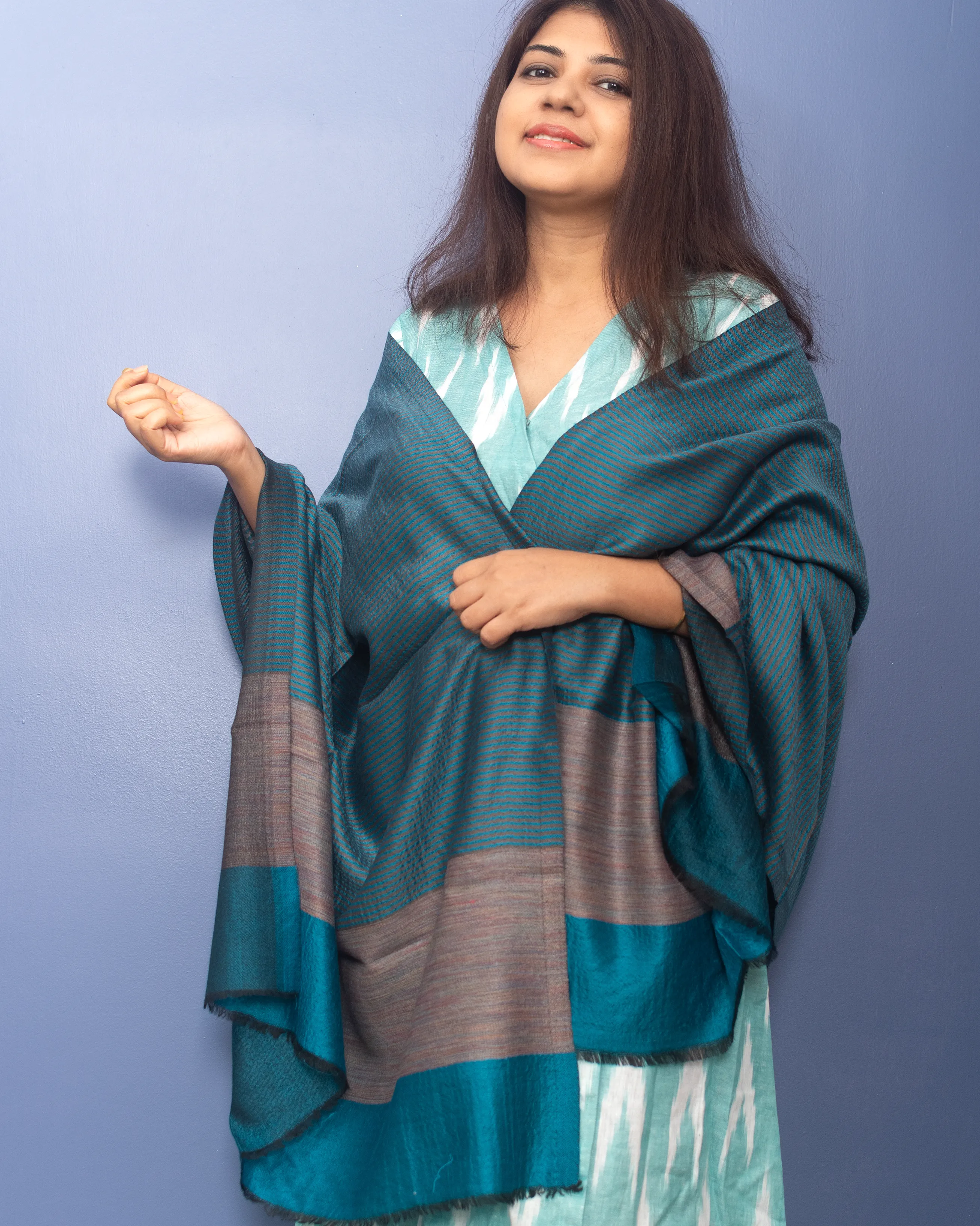 Aegean Blue Color With Black Stripe Woven Pashmina Stole