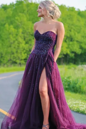 Alyssa |Sweetheart A-line Plum Tulle Prom Dress with Slit