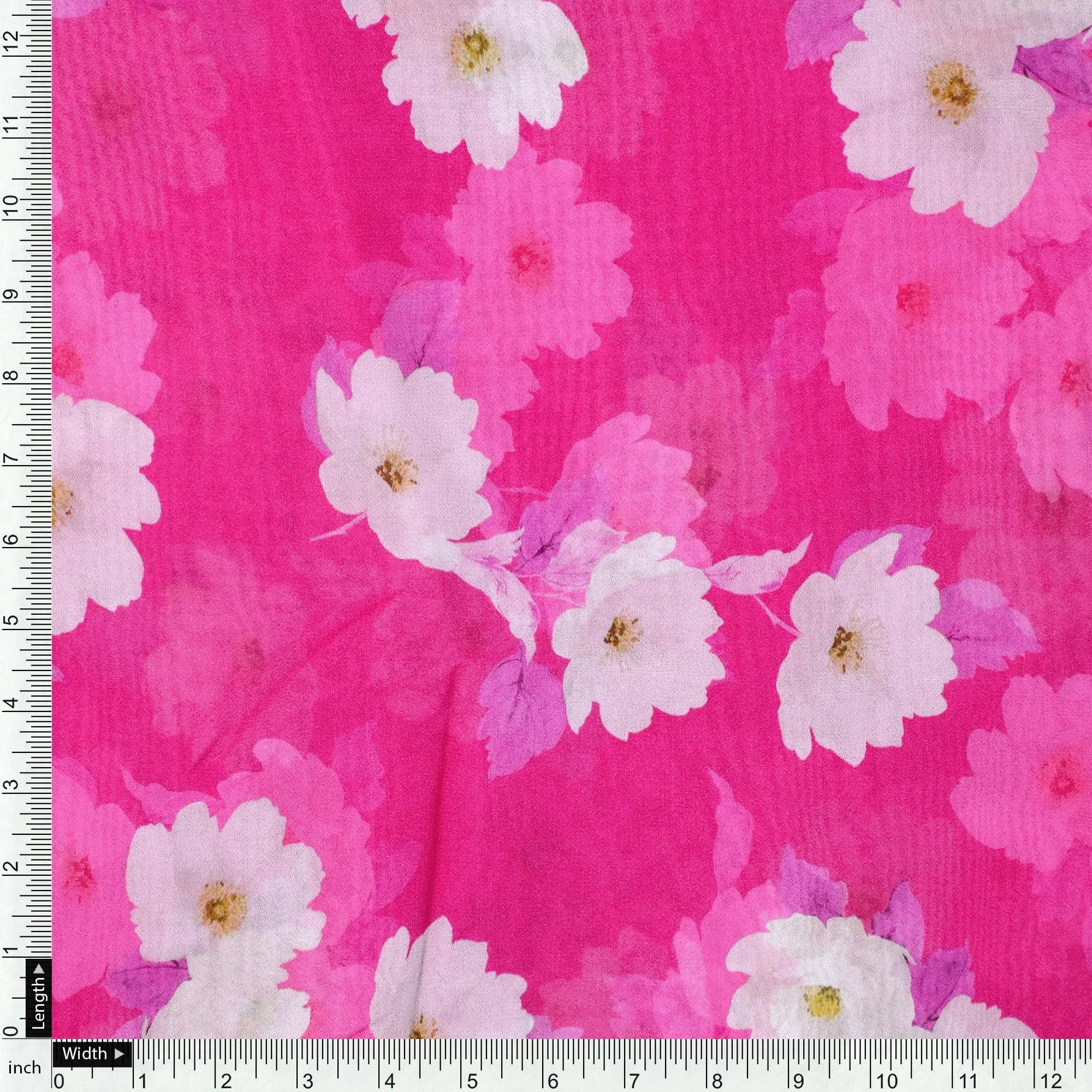 Attractive White Daffodil Flower Digital Printed Fabric - Pure Georgette