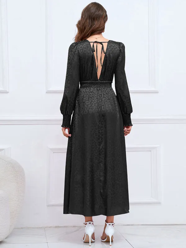 Autumn Jacquard Leopard Lantern Sleeve Open Back Long Dress