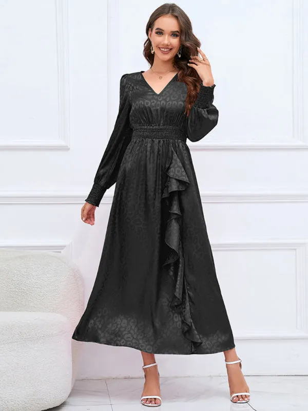 Autumn Jacquard Leopard Lantern Sleeve Open Back Long Dress