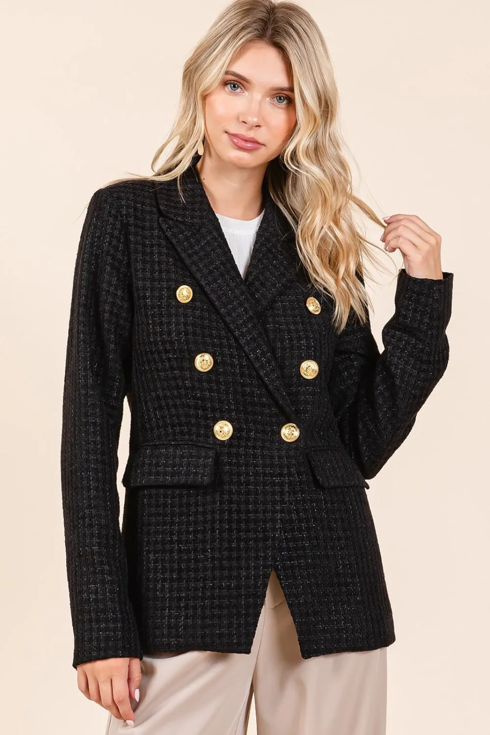 Black Plaid Texture Double-Breasted Blazer