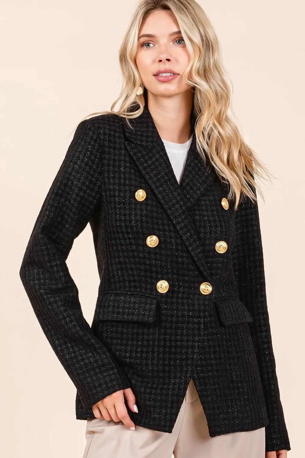 Black Plaid Texture Double-Breasted Blazer