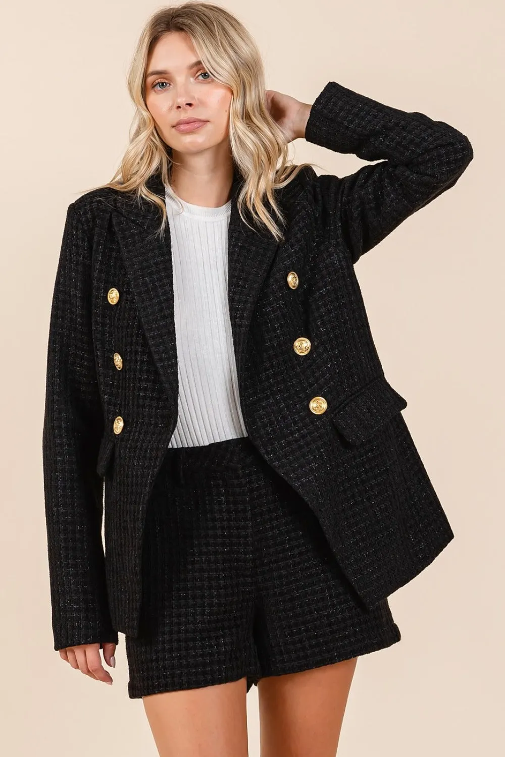 Black Plaid Texture Double-Breasted Blazer