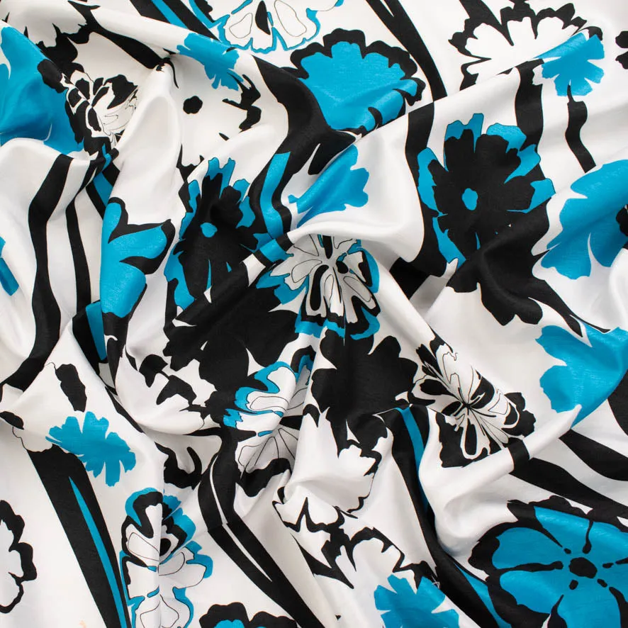 Blue & Black Florals on White Printed Crepe