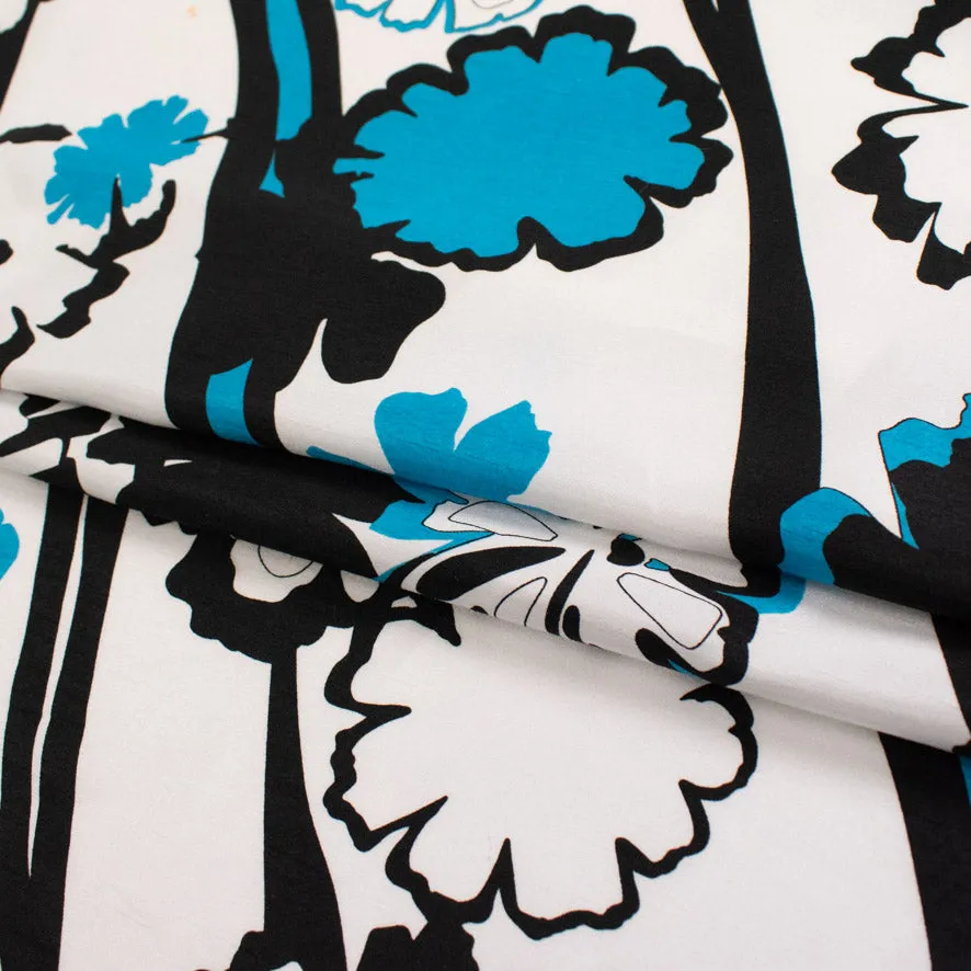 Blue & Black Florals on White Printed Crepe