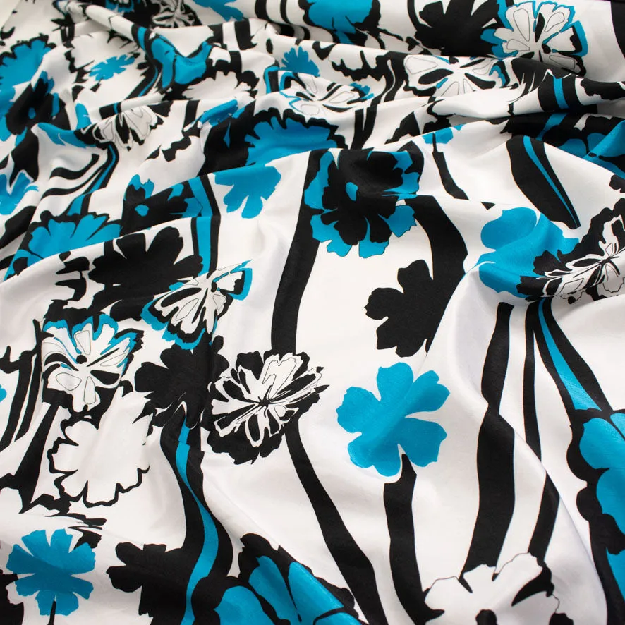 Blue & Black Florals on White Printed Crepe