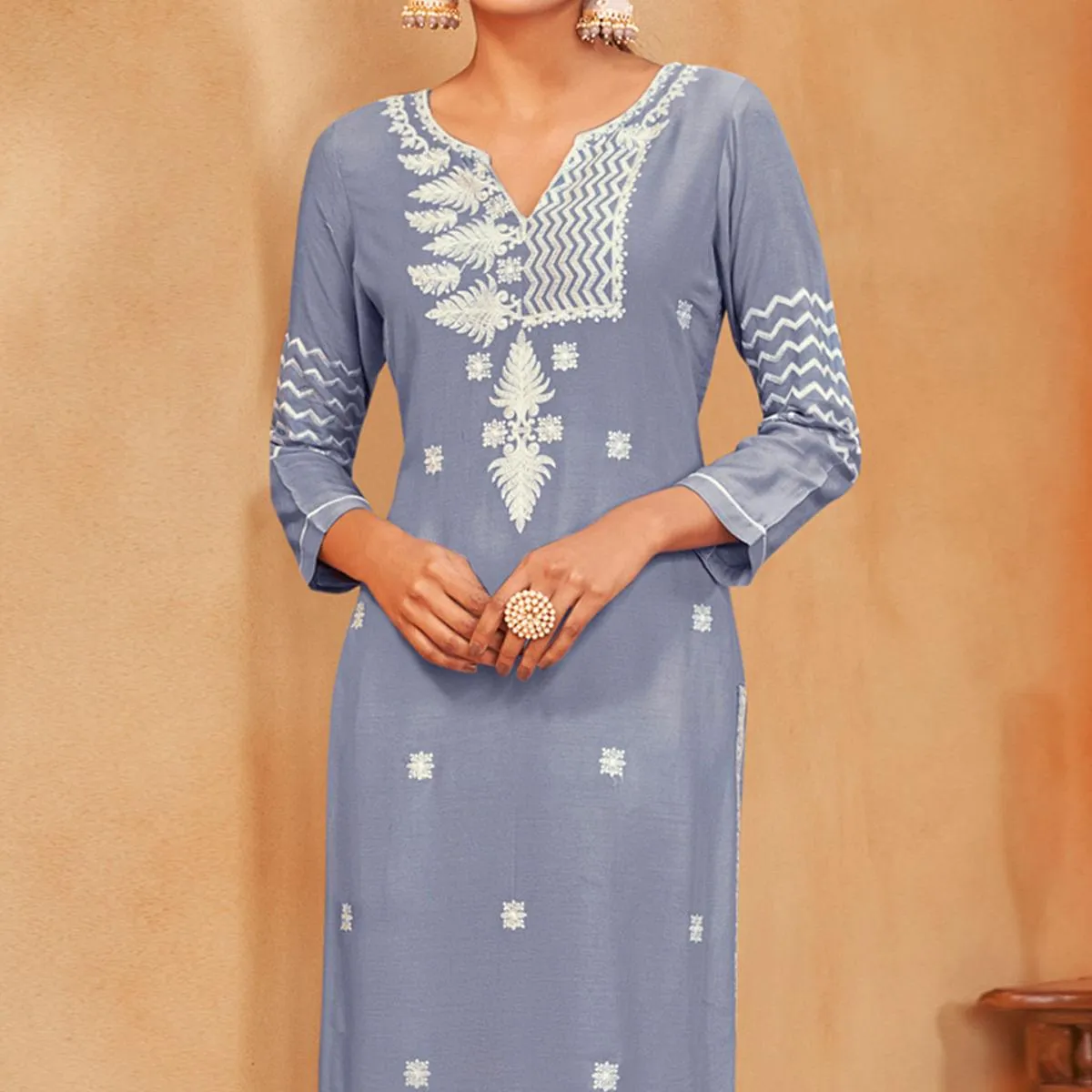 Blue Casual Wear Embroidered Pure Rayon Viscose Kurti