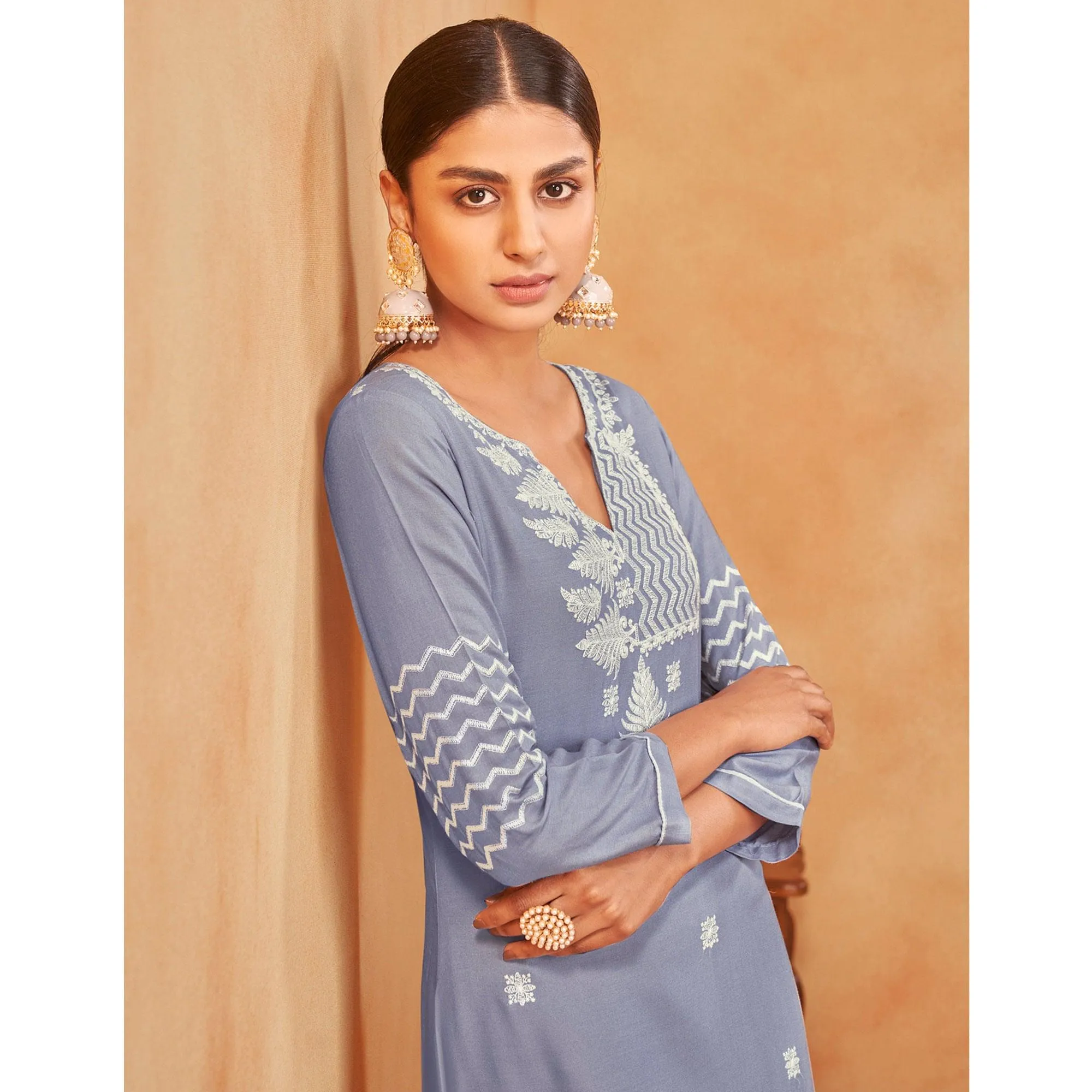 Blue Casual Wear Embroidered Pure Rayon Viscose Kurti