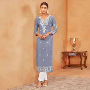 Blue Casual Wear Embroidered Pure Rayon Viscose Kurti