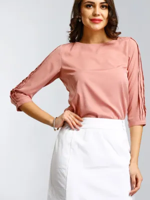 Boat Neck Top With Pleated Sleeves - Pink