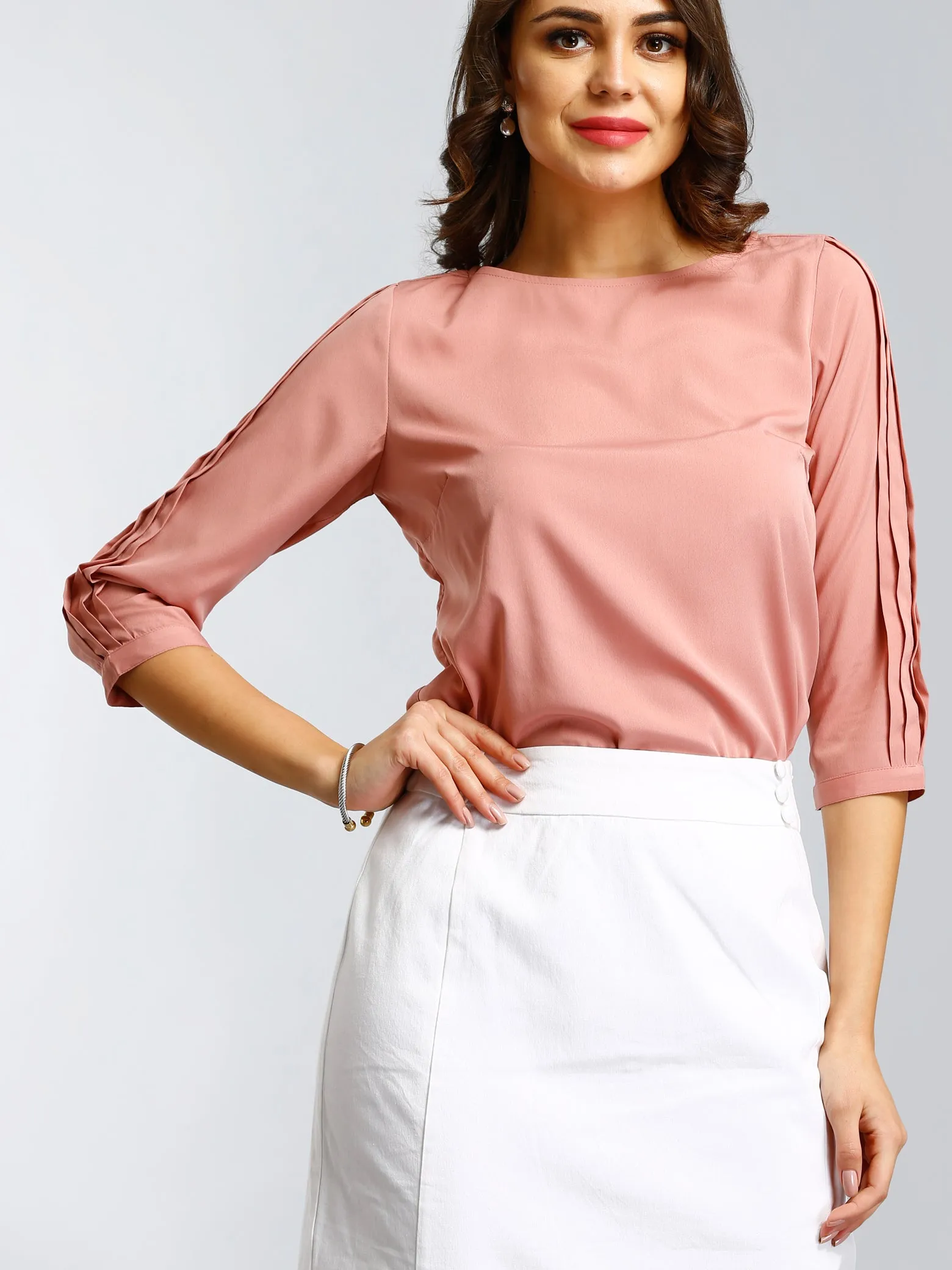 Boat Neck Top With Pleated Sleeves - Pink