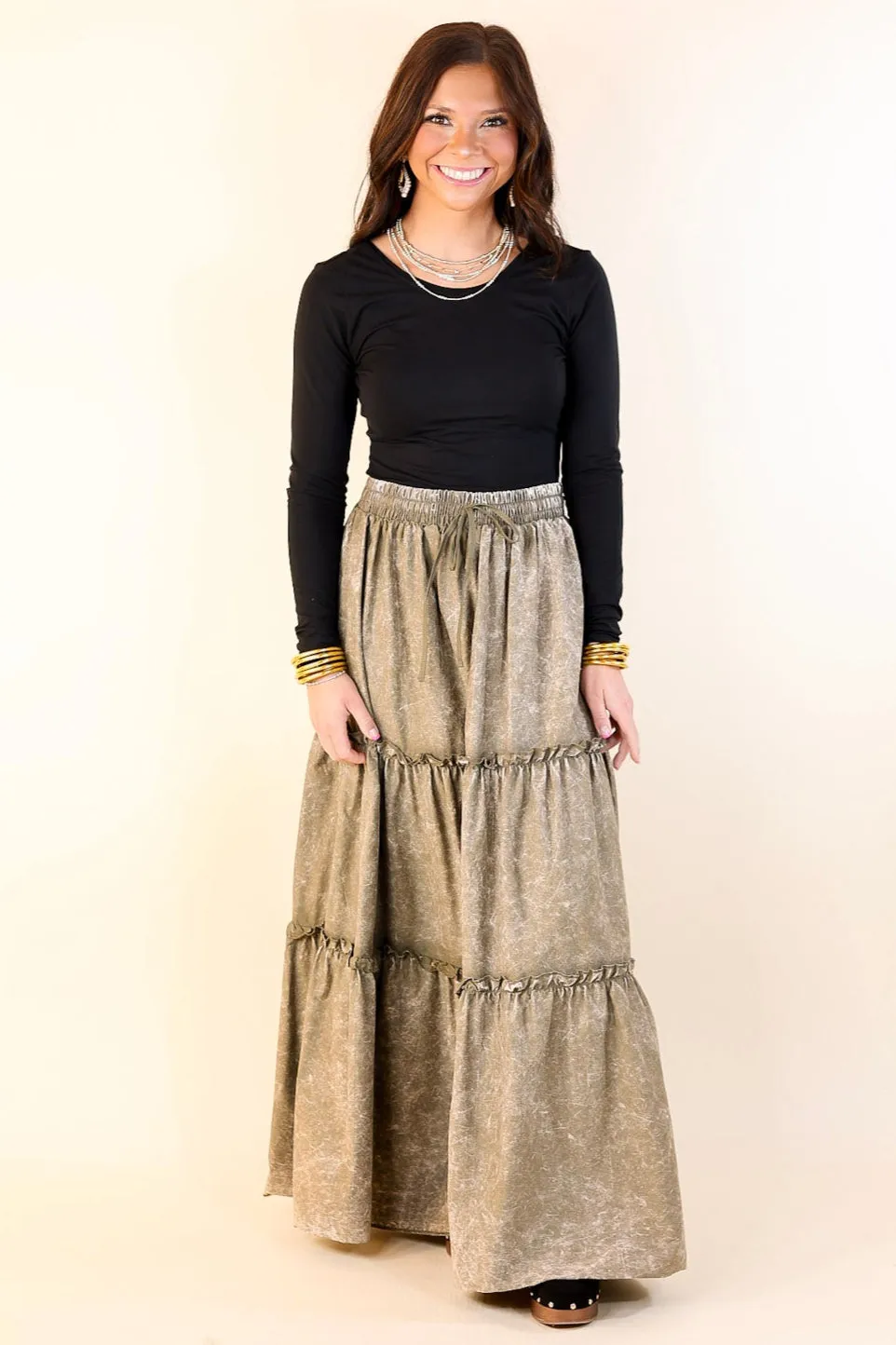 Boho Bliss Acid Wash Tiered Ruffle Maxi Skirt in Olive Green