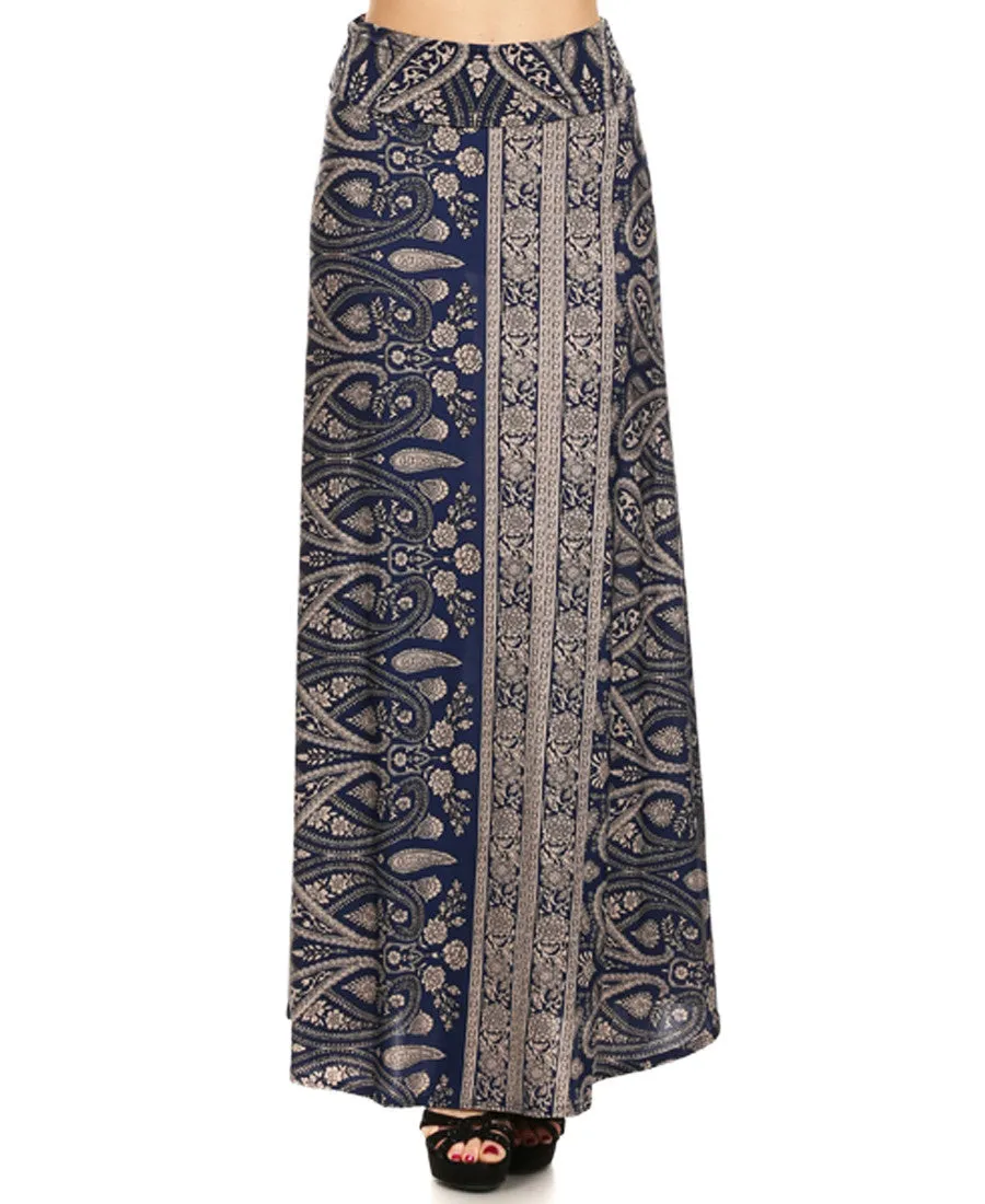 Catalina Paisley Stripes Floral Maxi Skirt Navy Beige