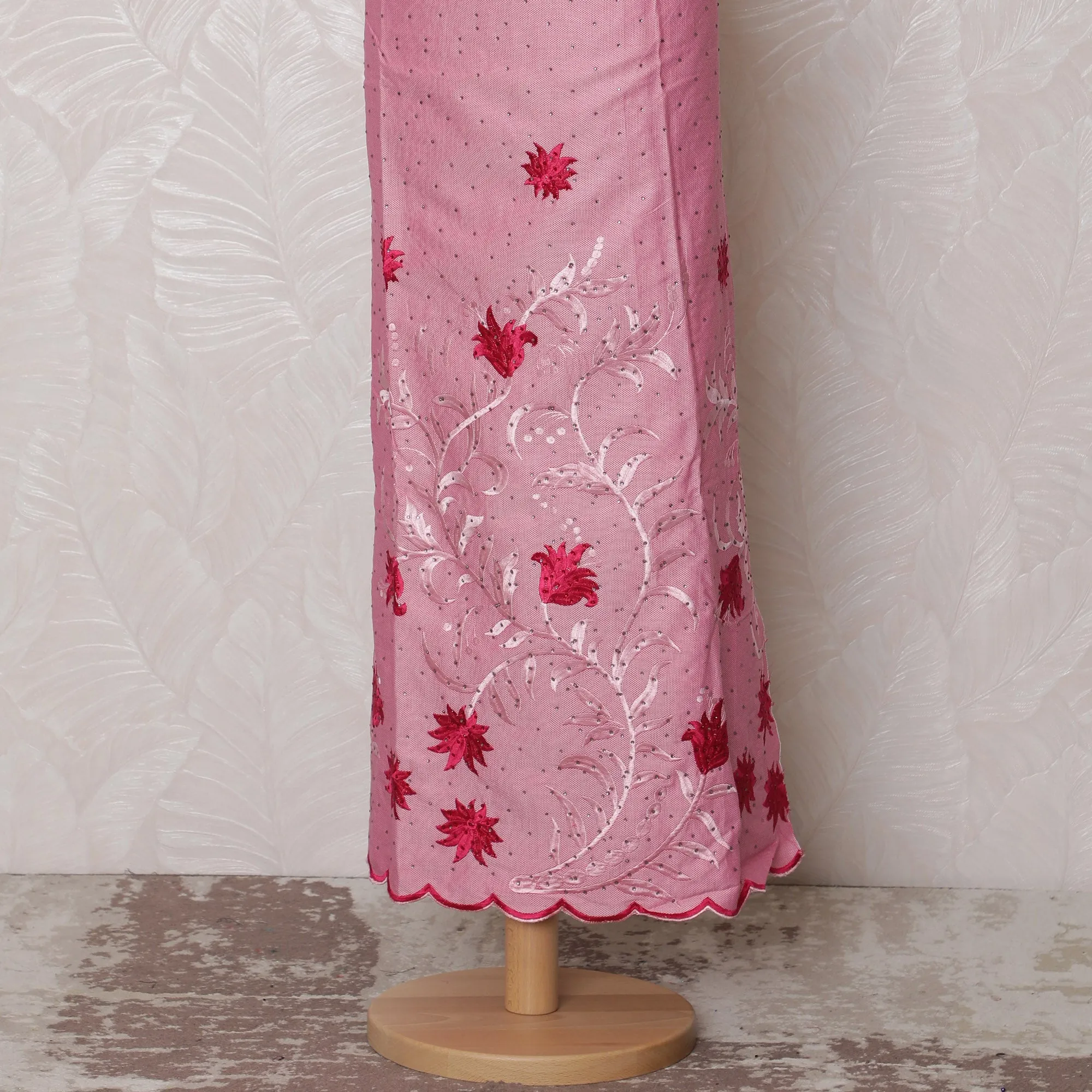 Charming Pink Blended Cotton Fabric with Red Floral Embroidery - Last Piece of 3.0 Meters, 110 cm Width-D19784