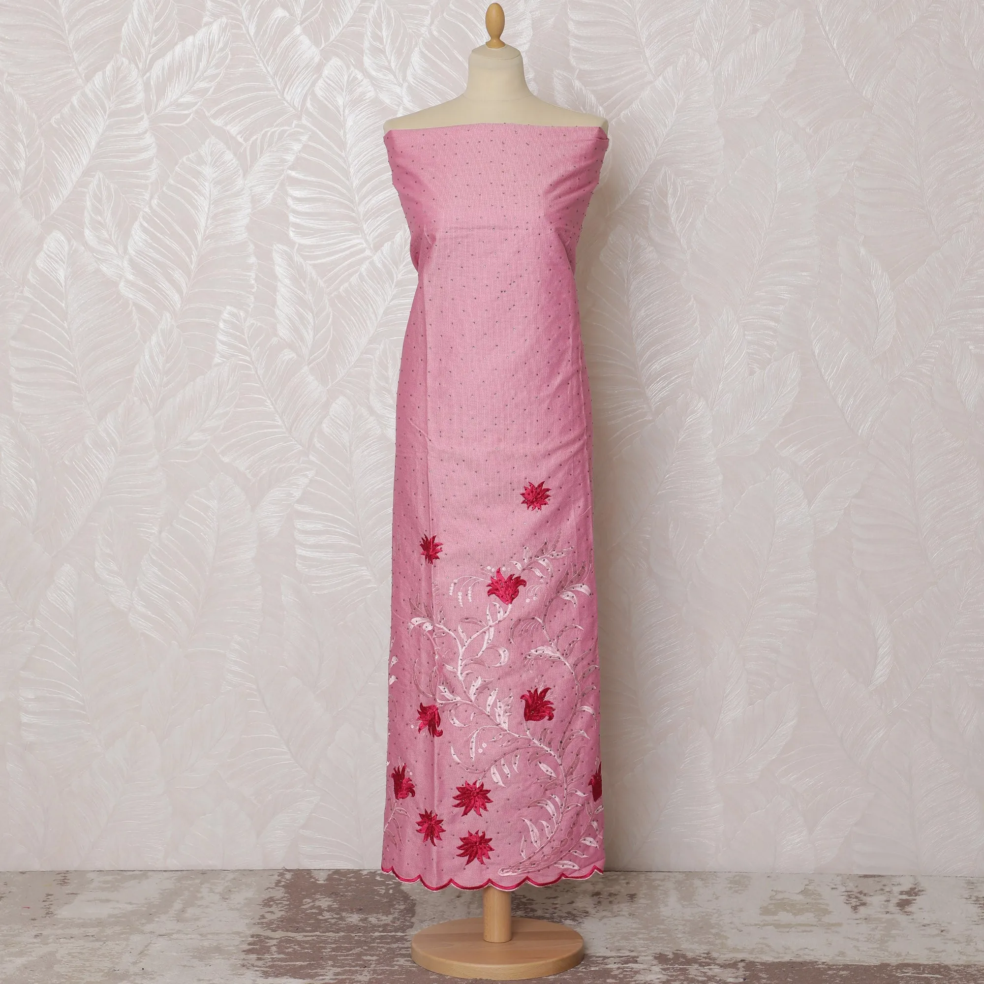 Charming Pink Blended Cotton Fabric with Red Floral Embroidery - Last Piece of 3.0 Meters, 110 cm Width-D19784