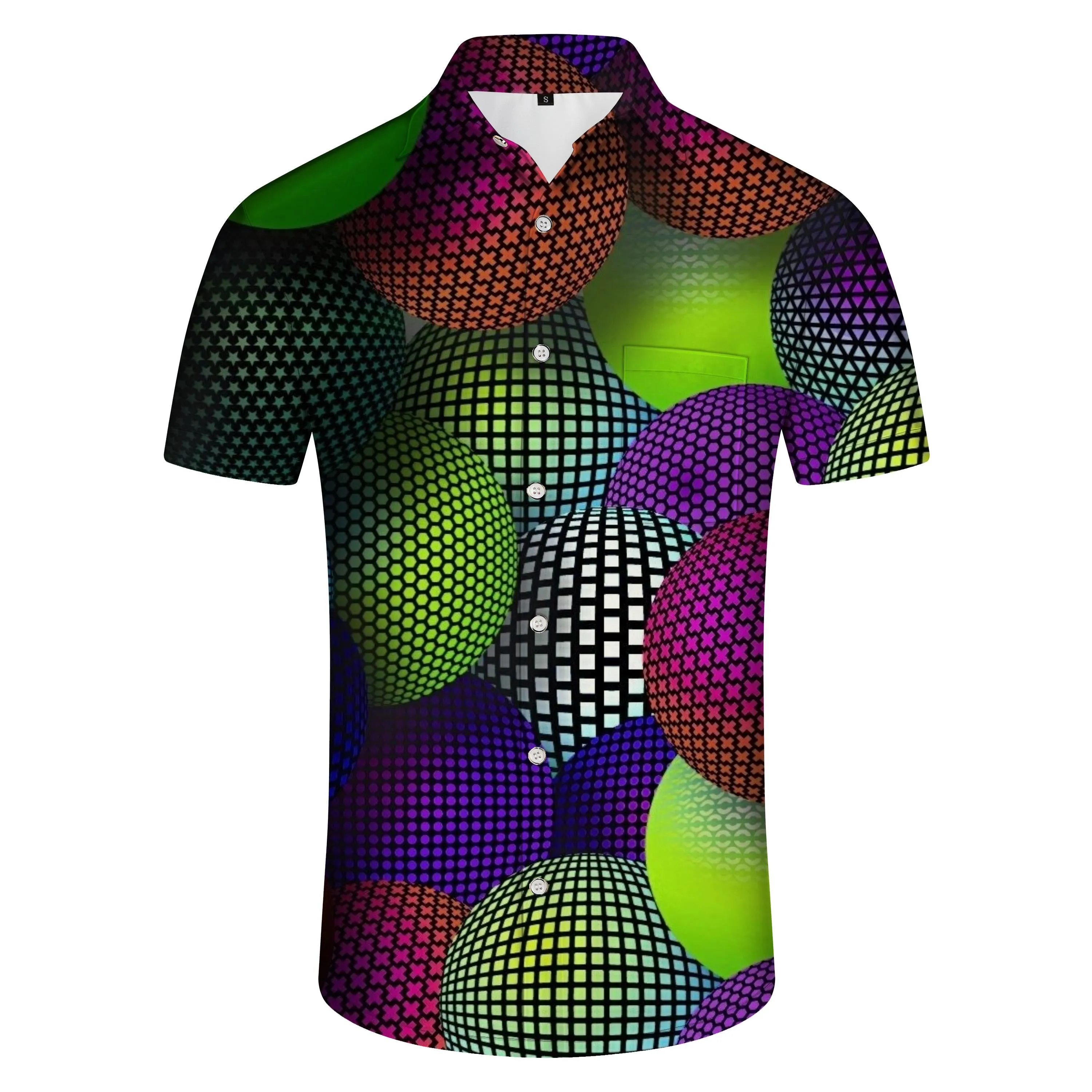 Circular abstract pattern geometric print casual men's shirt short sleeve beachwear fun hawaiian button down men's shirt with bright colors