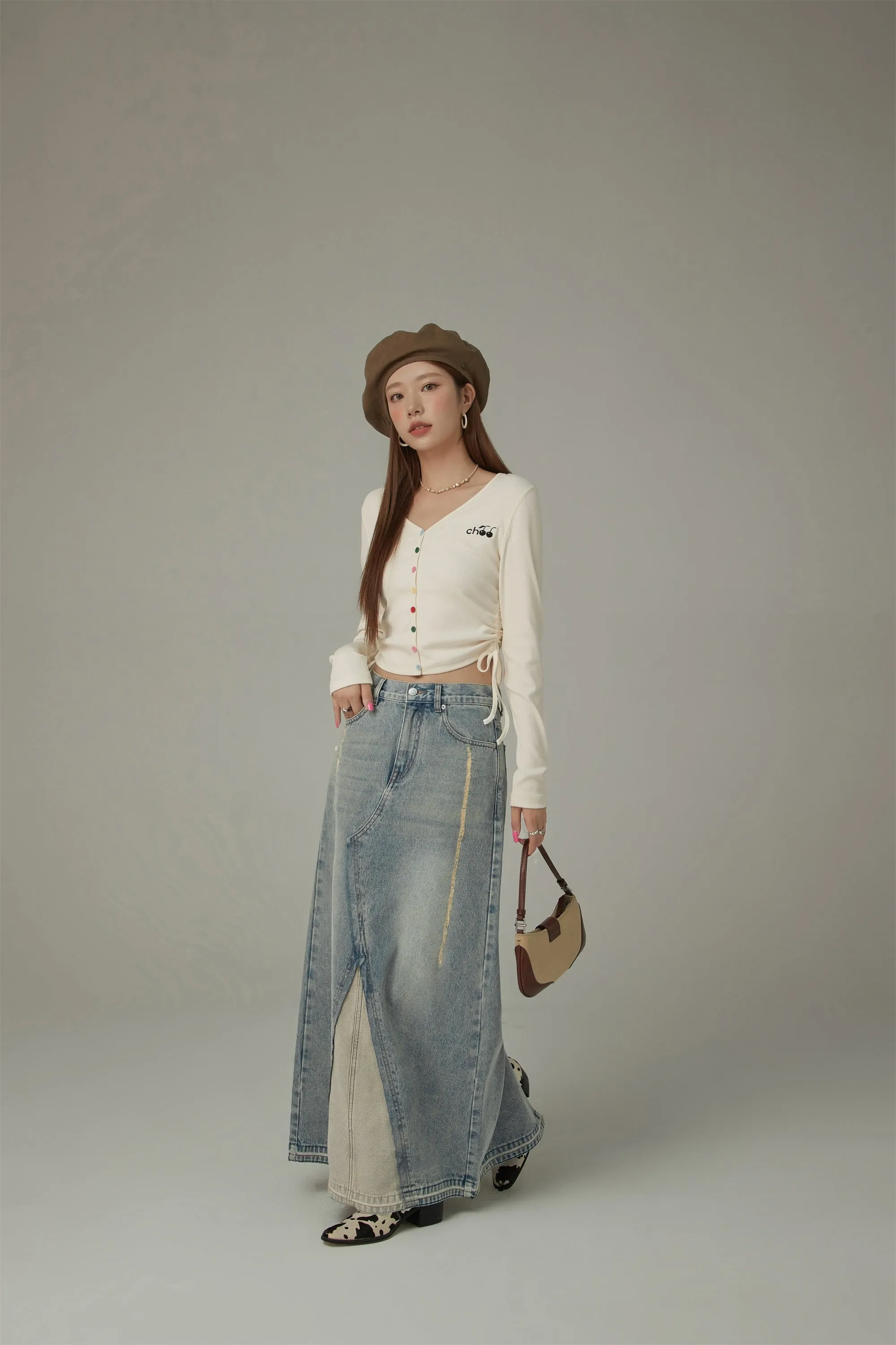 Color Matching Long Denim Skirt