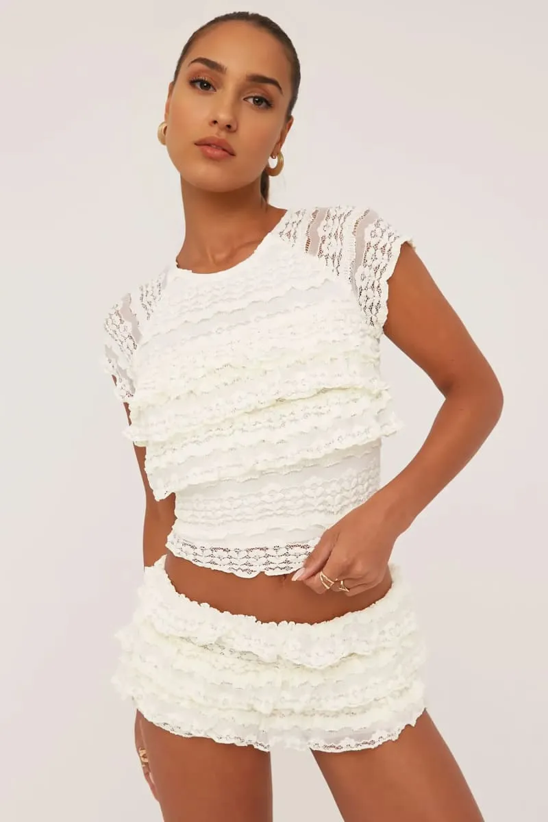 Cream Lace Cap Sleeve Crop Top & Mini Skirt Set