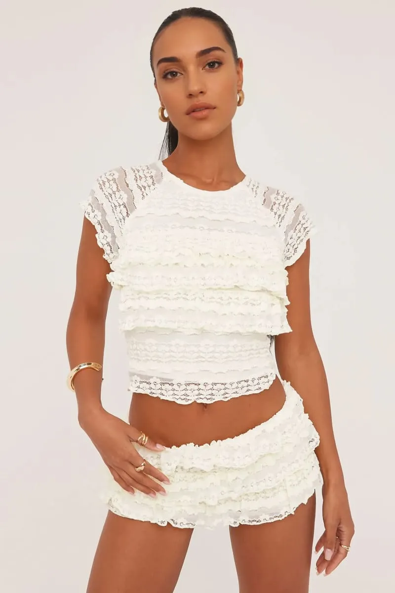 Cream Lace Cap Sleeve Crop Top & Mini Skirt Set