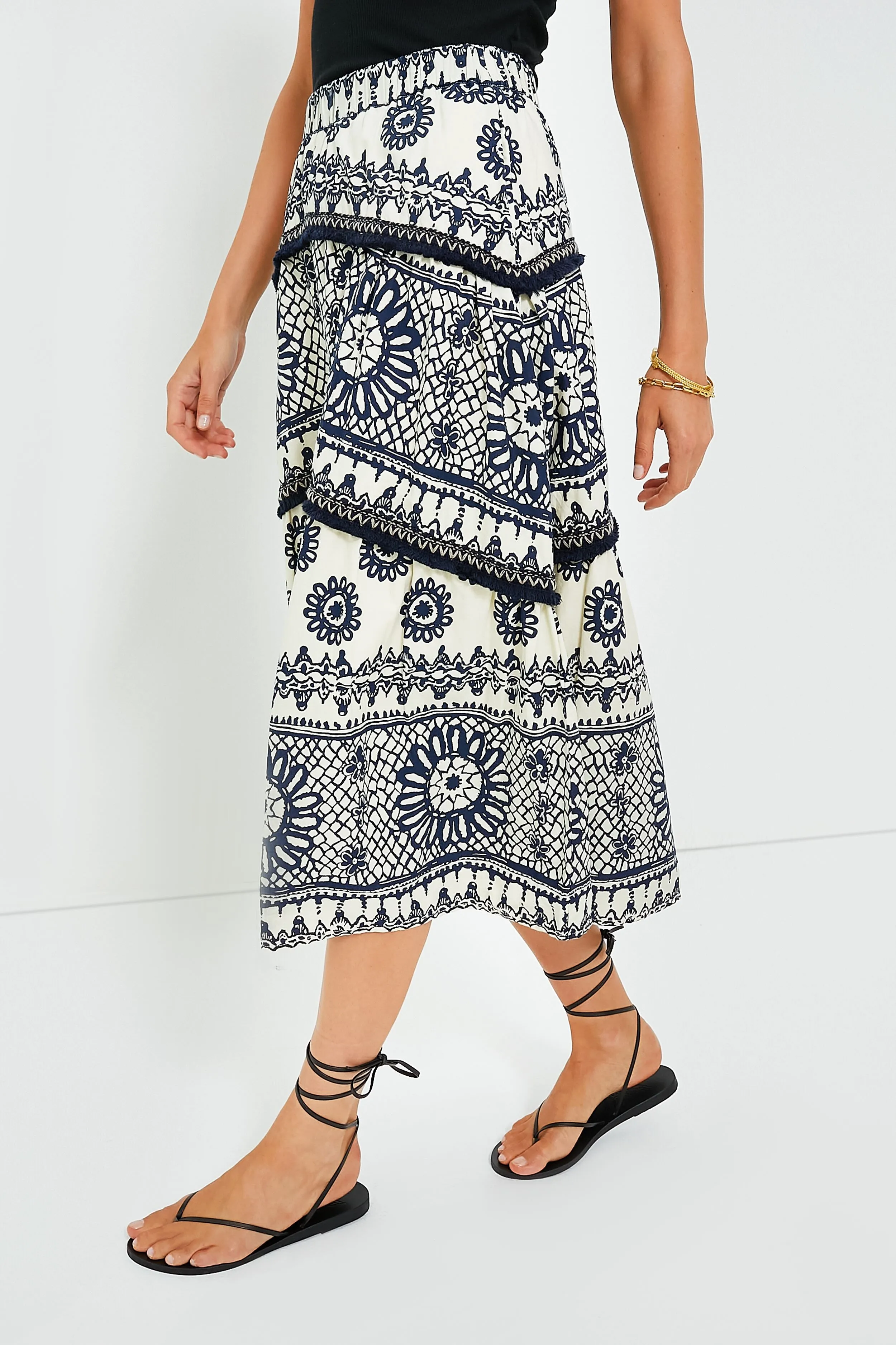 Dagmar Ivory and Navy Printed Sybille Skirt