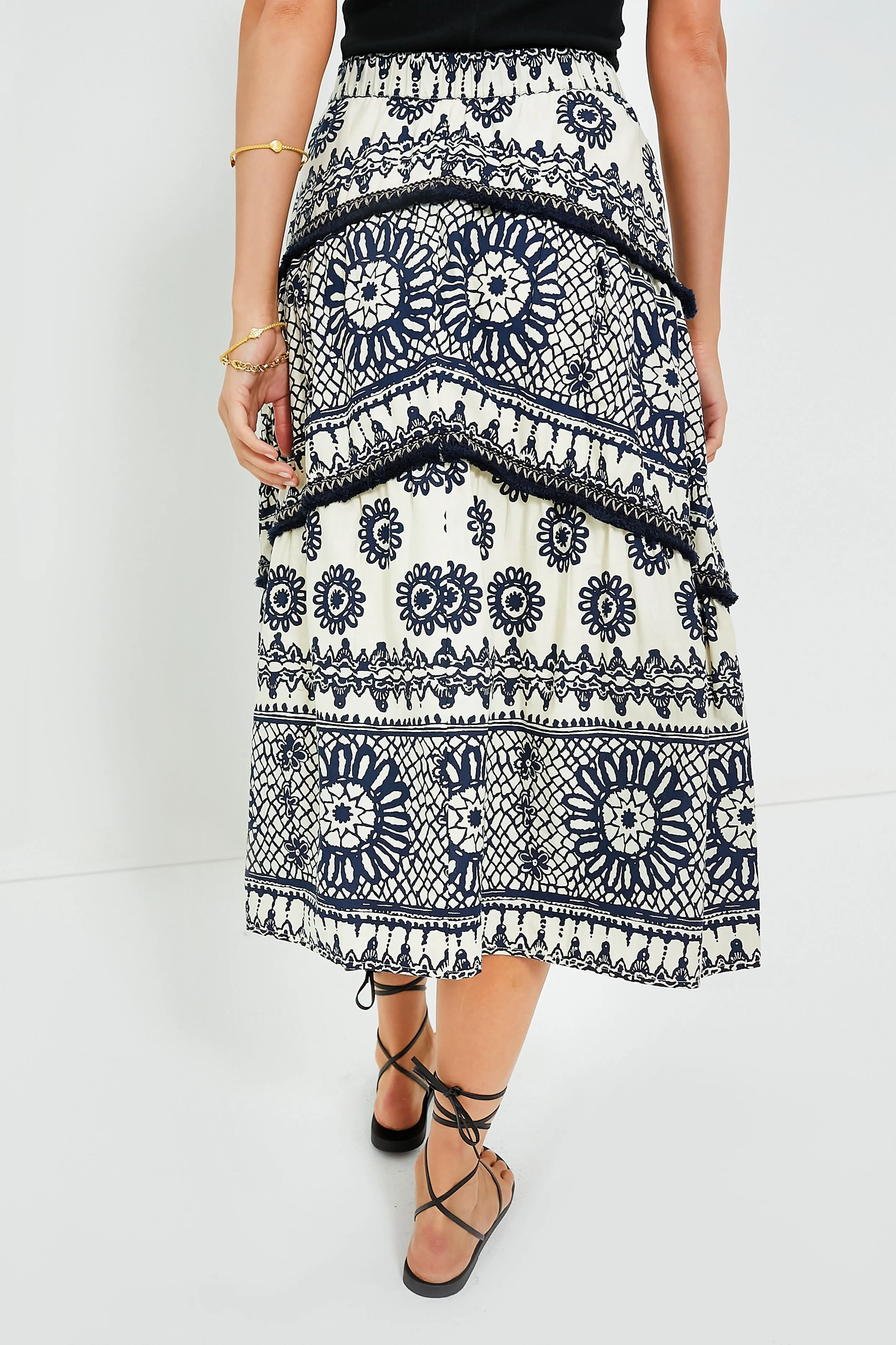 Dagmar Ivory and Navy Printed Sybille Skirt