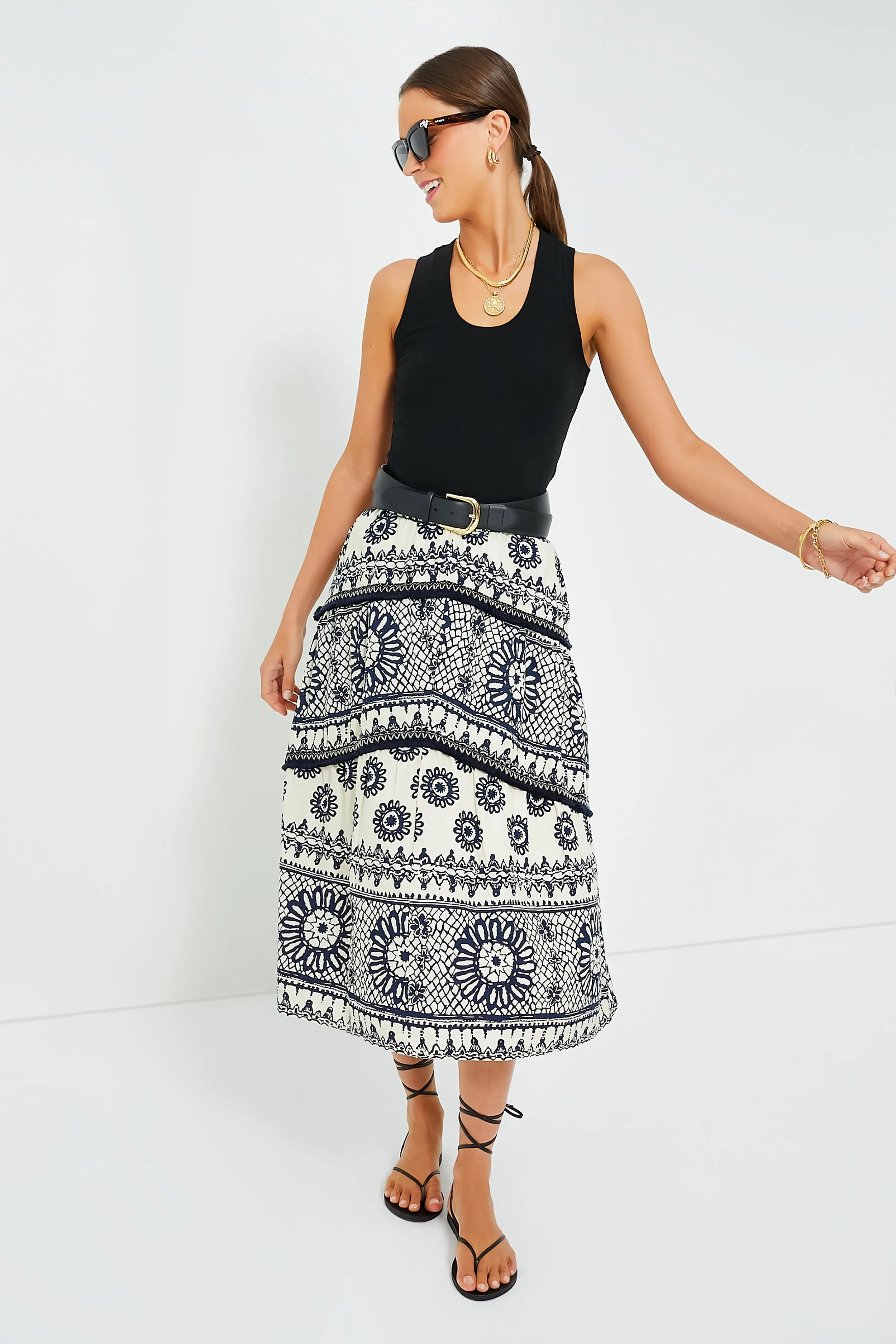 Dagmar Ivory and Navy Printed Sybille Skirt