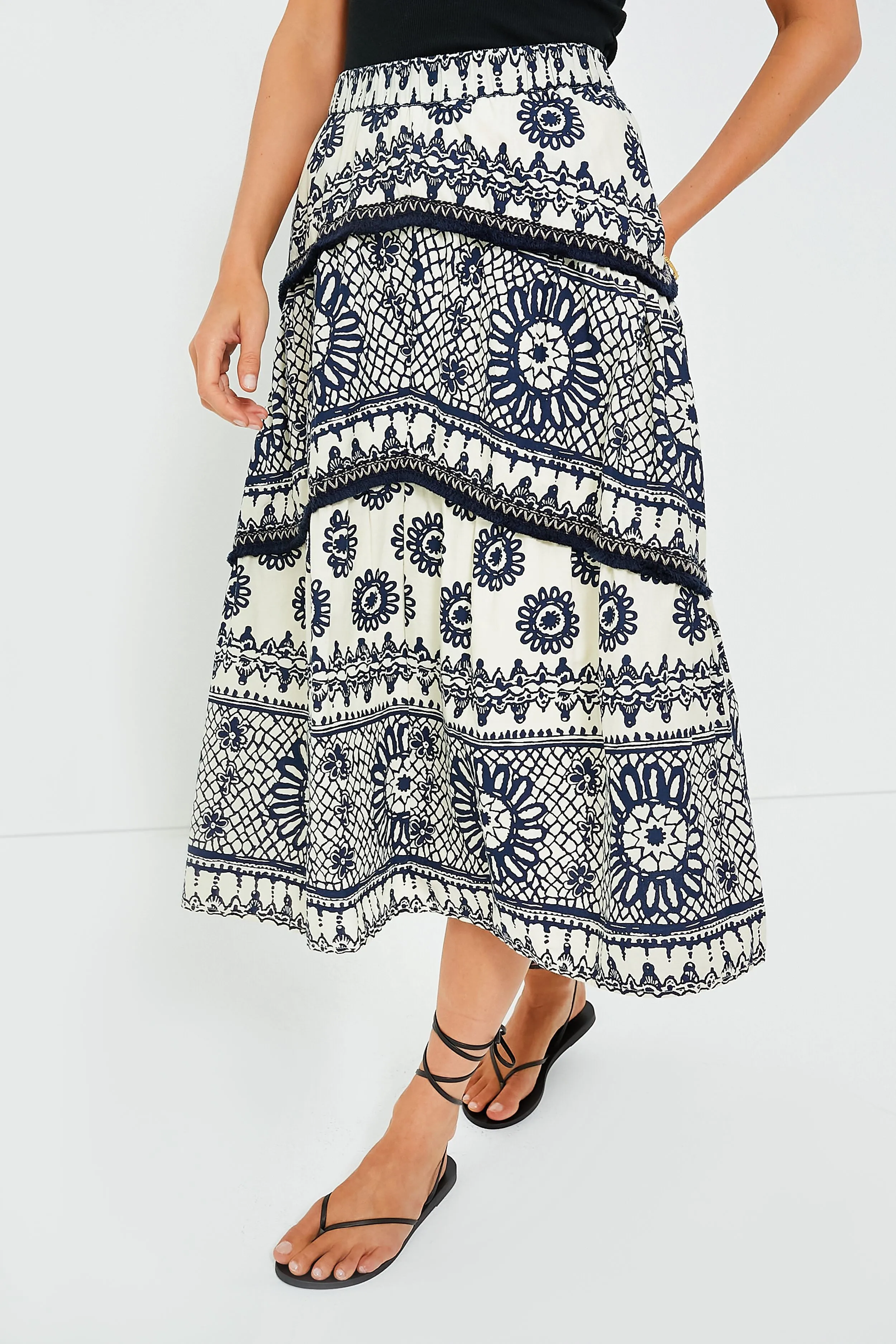 Dagmar Ivory and Navy Printed Sybille Skirt