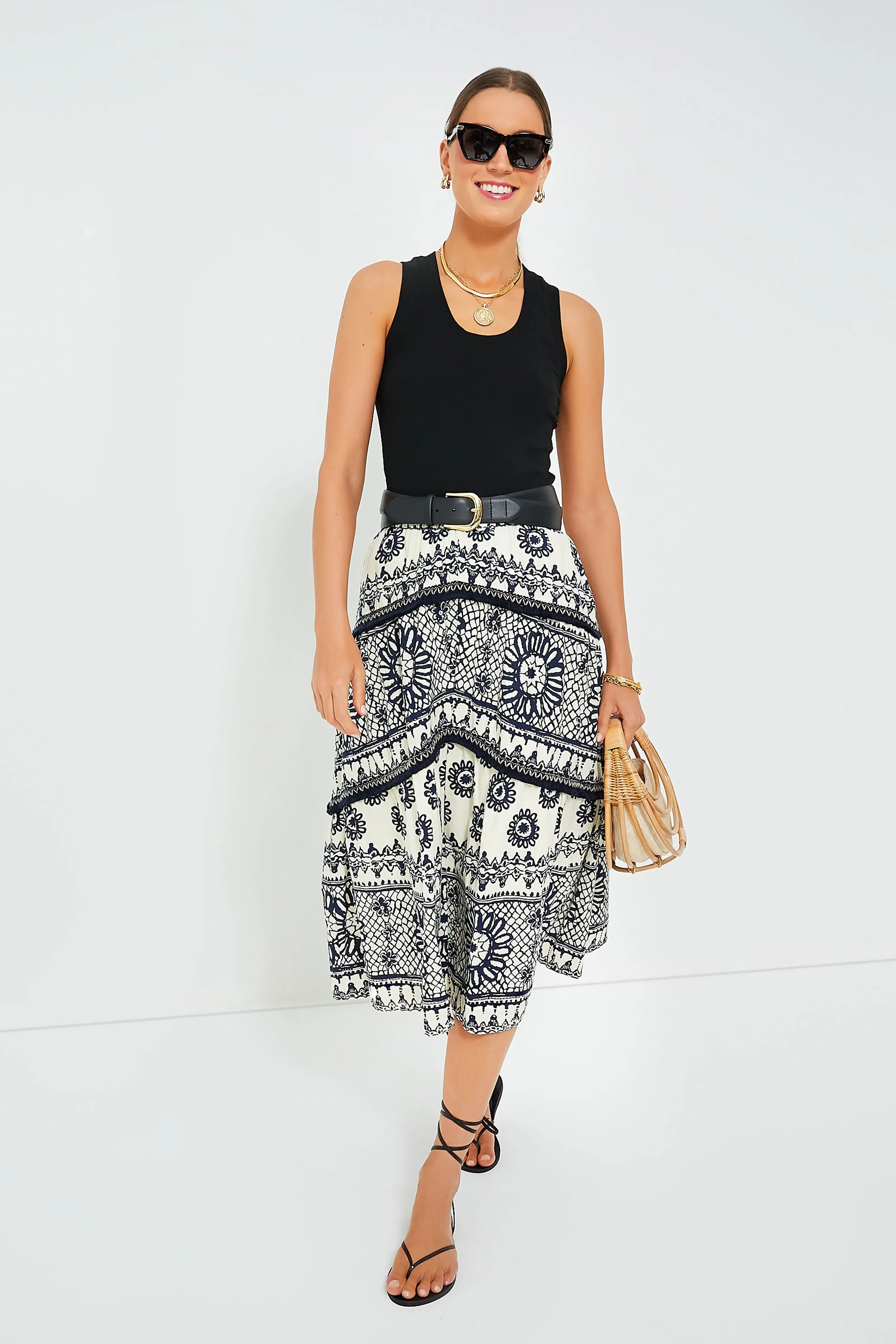 Dagmar Ivory and Navy Printed Sybille Skirt