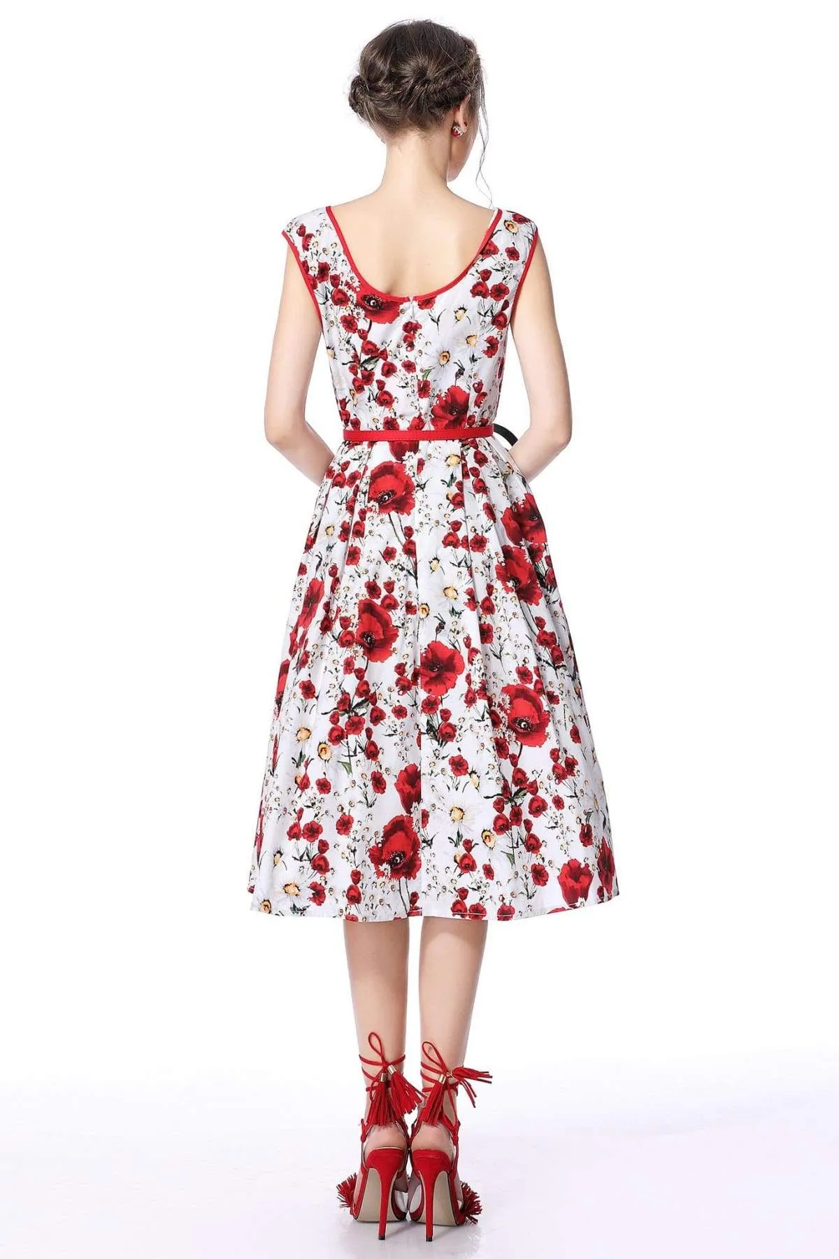 Daisy & Poppy Scoop Neck Bow Tie Vintage Swing Dress