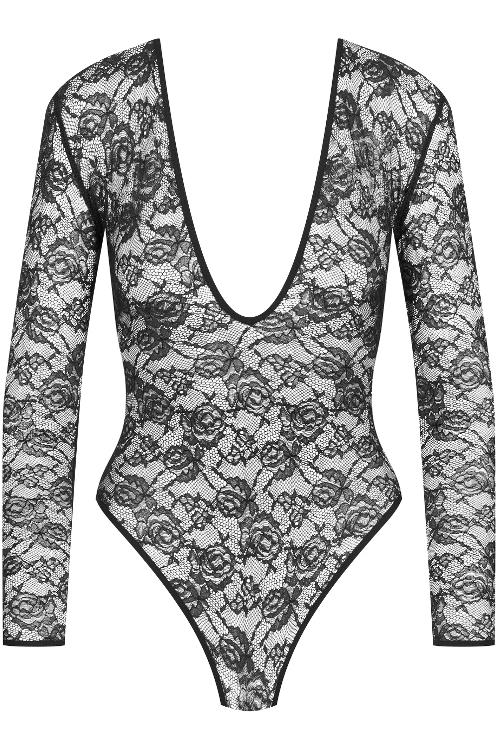 Flashback Lace V Neck Long Sleeve Thong Bodysuit