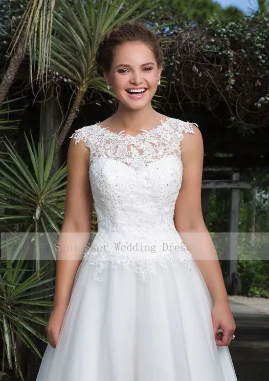 Floor Length Tulle Gown Scoop Lace Neck A-Line Wedding Dress