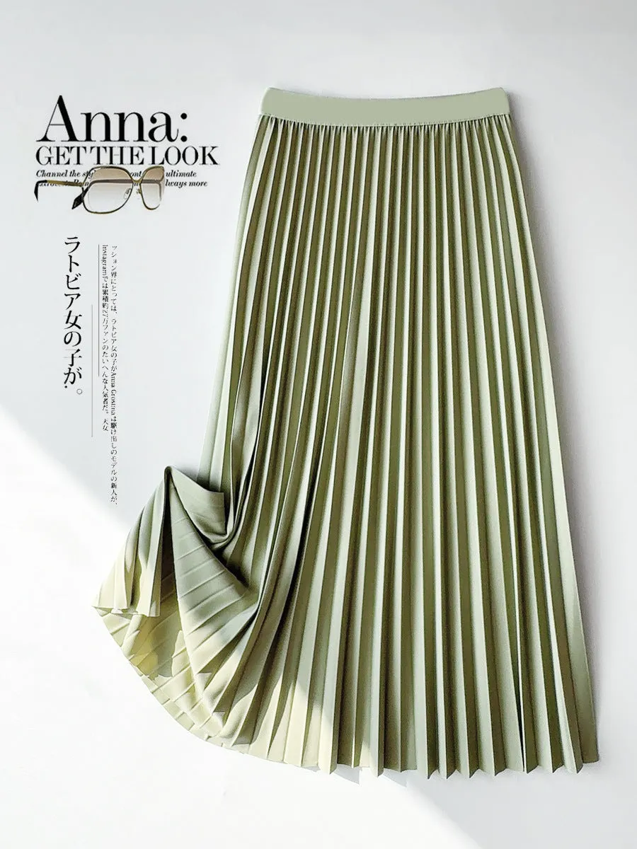 High Waist Slimming Pleated Skirt Women Fashionable All Match Skirt Draping Mid Length Skirt Simple A- line Expansion Skirt