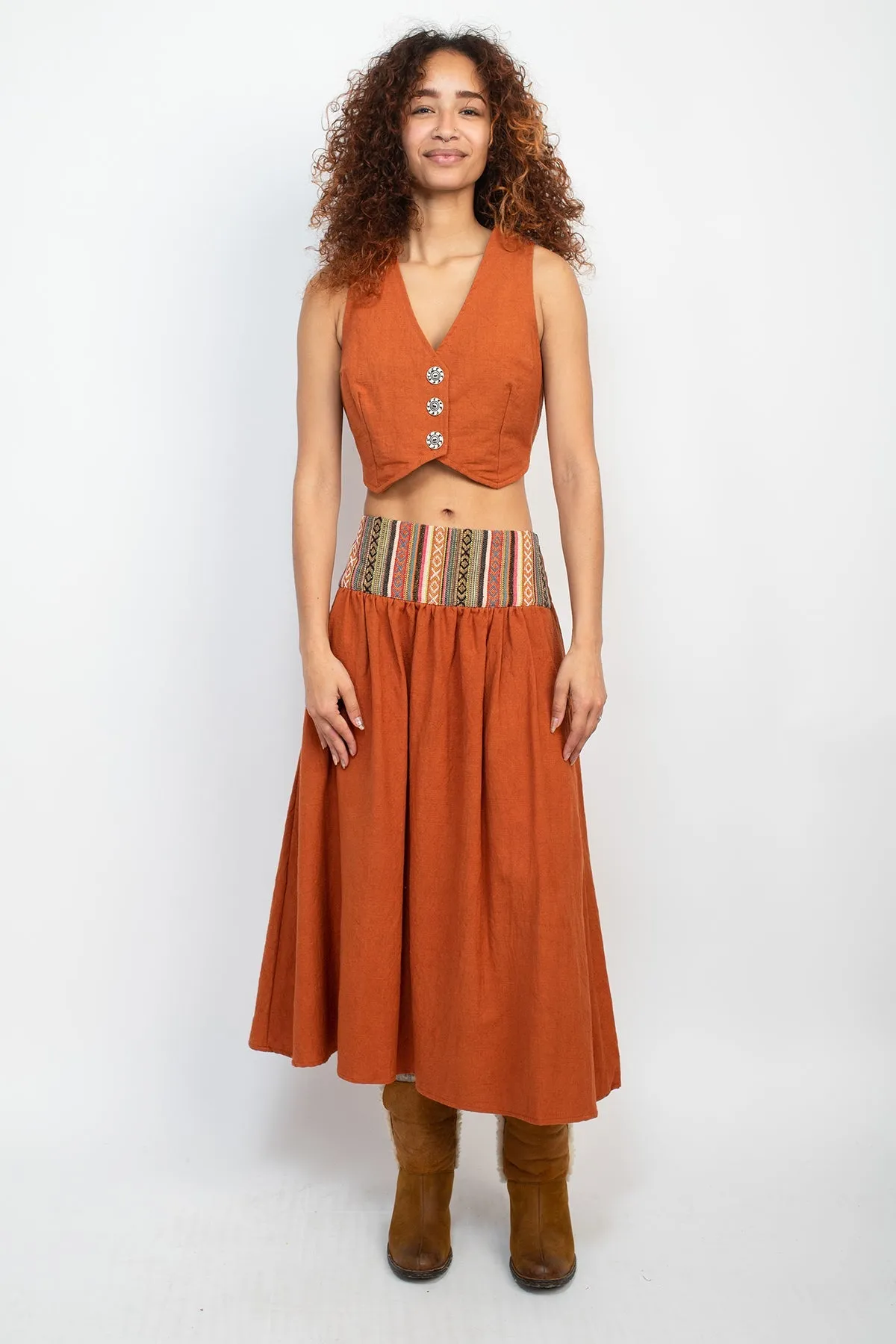 Homespun Striped Yoke Midi Skirt