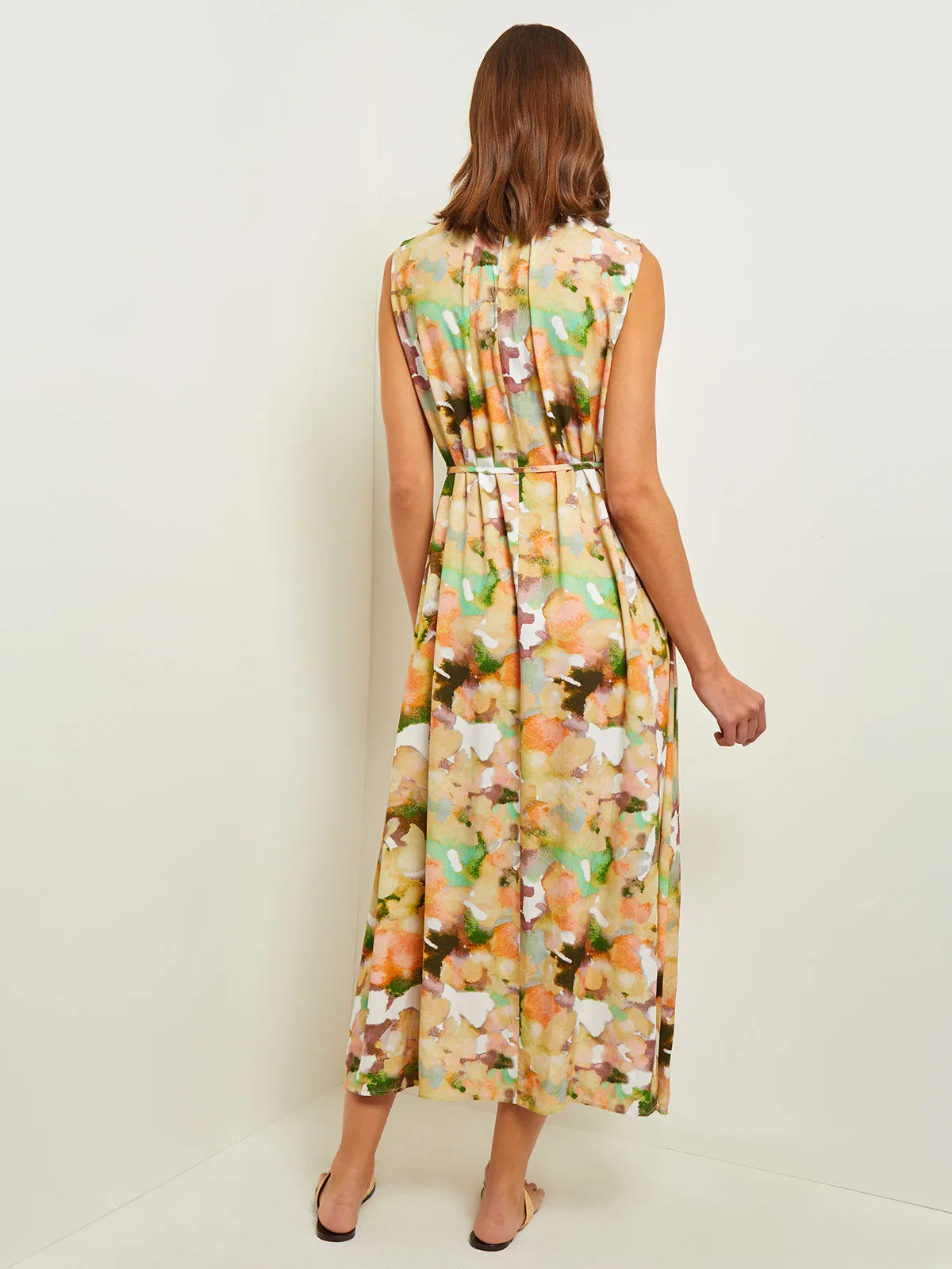 Maxi Shift Dress - Pleated Watercolor Woven