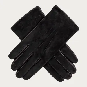 Mens Black Suede and Leather Gloves - Silk Lined