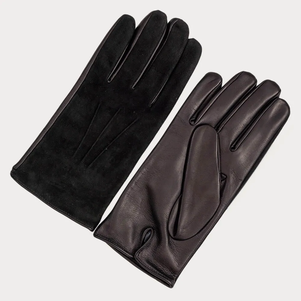 Mens Black Suede and Leather Gloves - Silk Lined