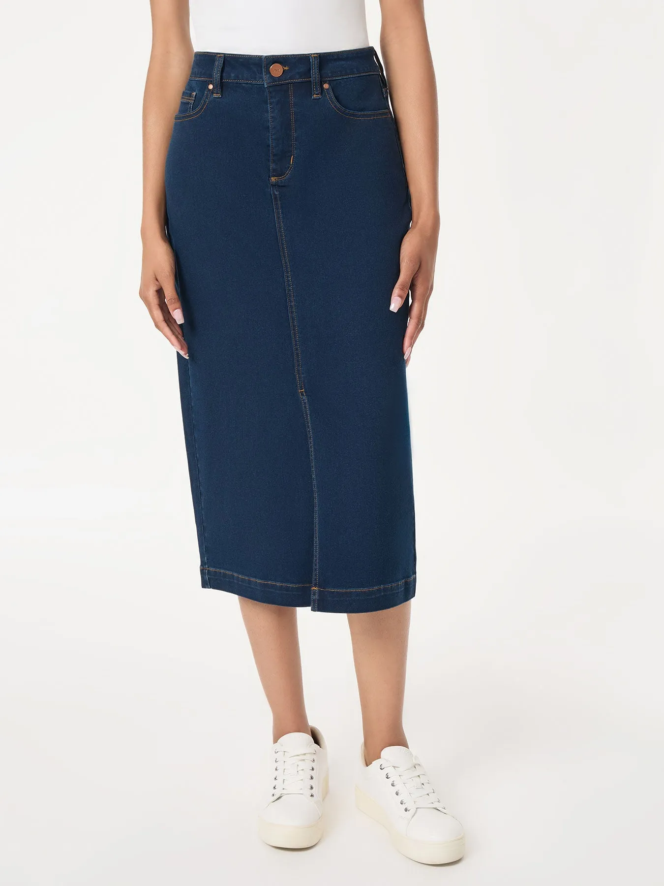 Midi Denim Front Slit Skirt, West Point Wash