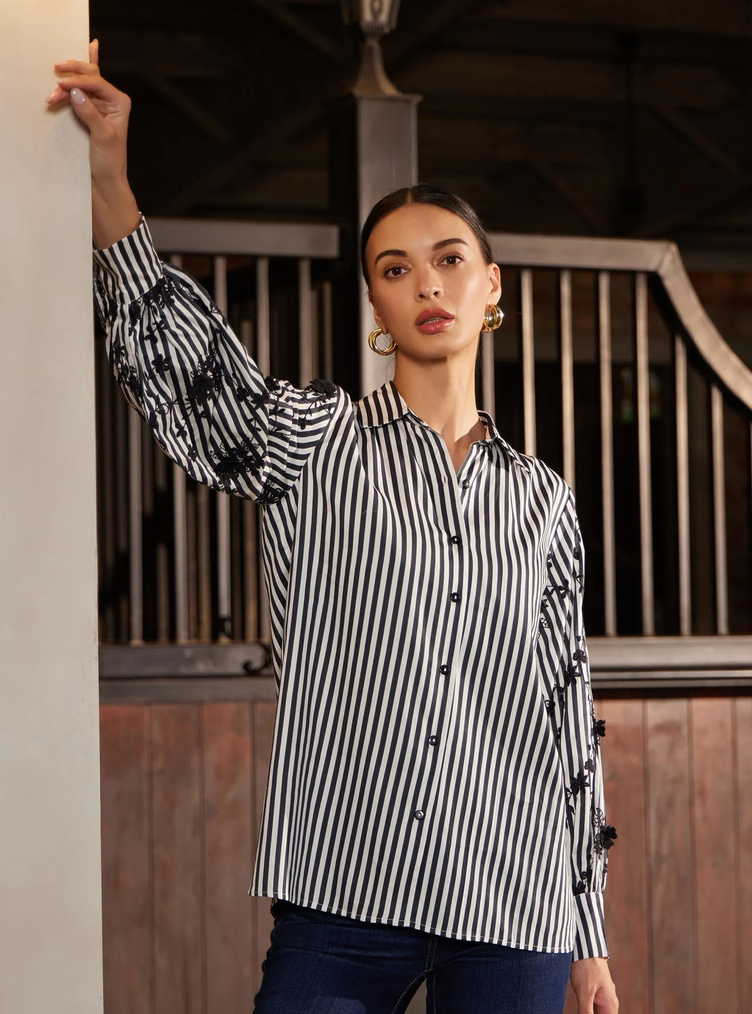 Mulmul Pima Stripe Printed Astraea Black Shirt