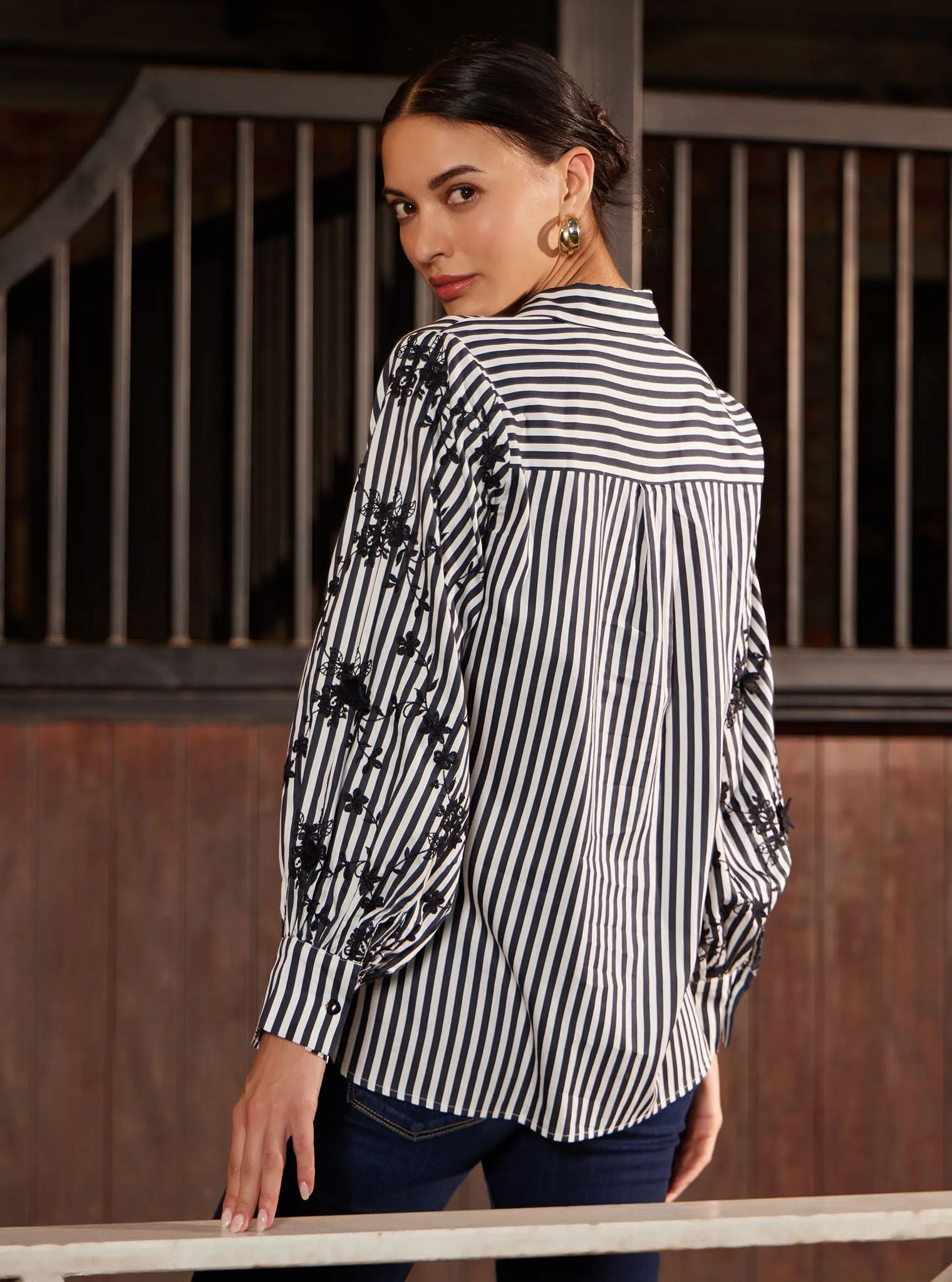 Mulmul Pima Stripe Printed Astraea Black Shirt