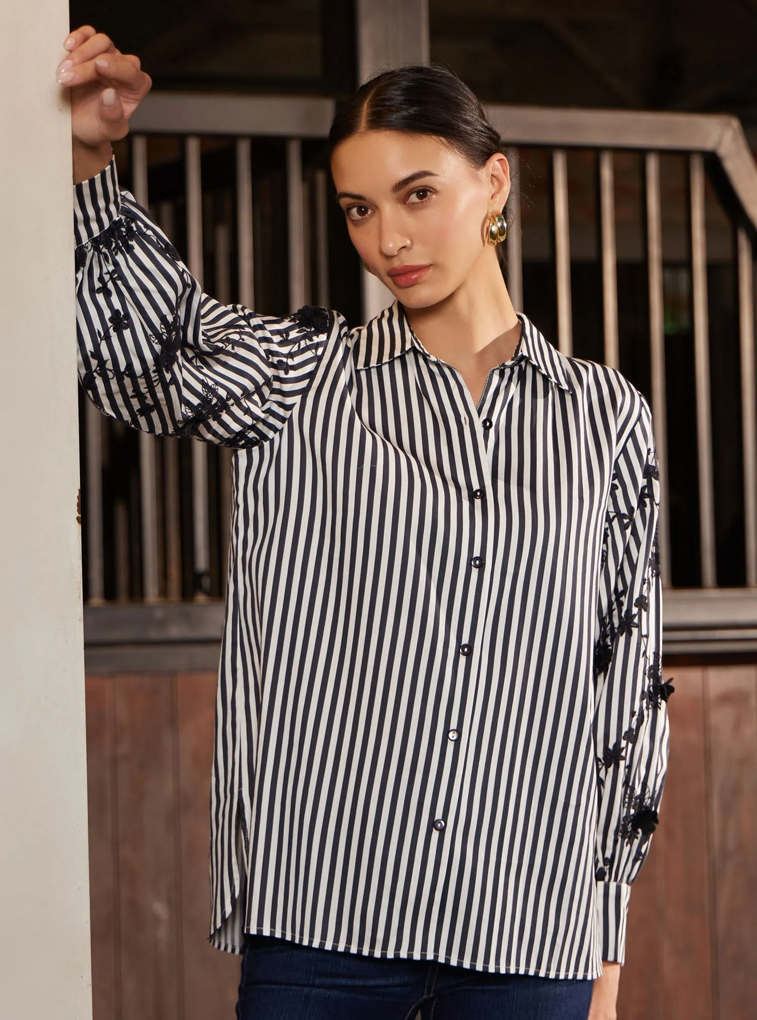 Mulmul Pima Stripe Printed Astraea Black Shirt