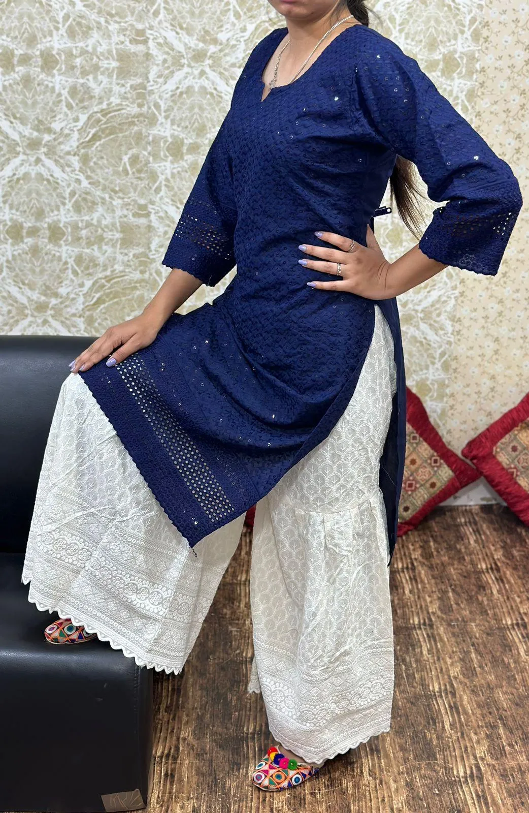 Navy Blue Cutwork Embroidered Kurti with Full Chikan Ghaara Set