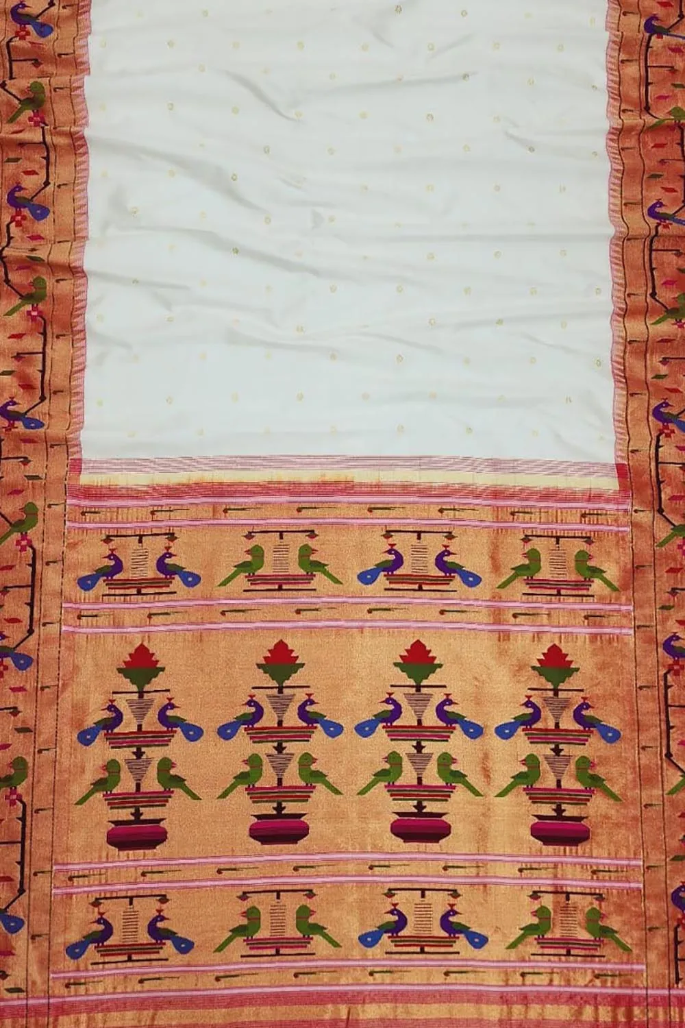 Off White Handloom Paithani Pure Silk Peacock And Parrot Design Saree