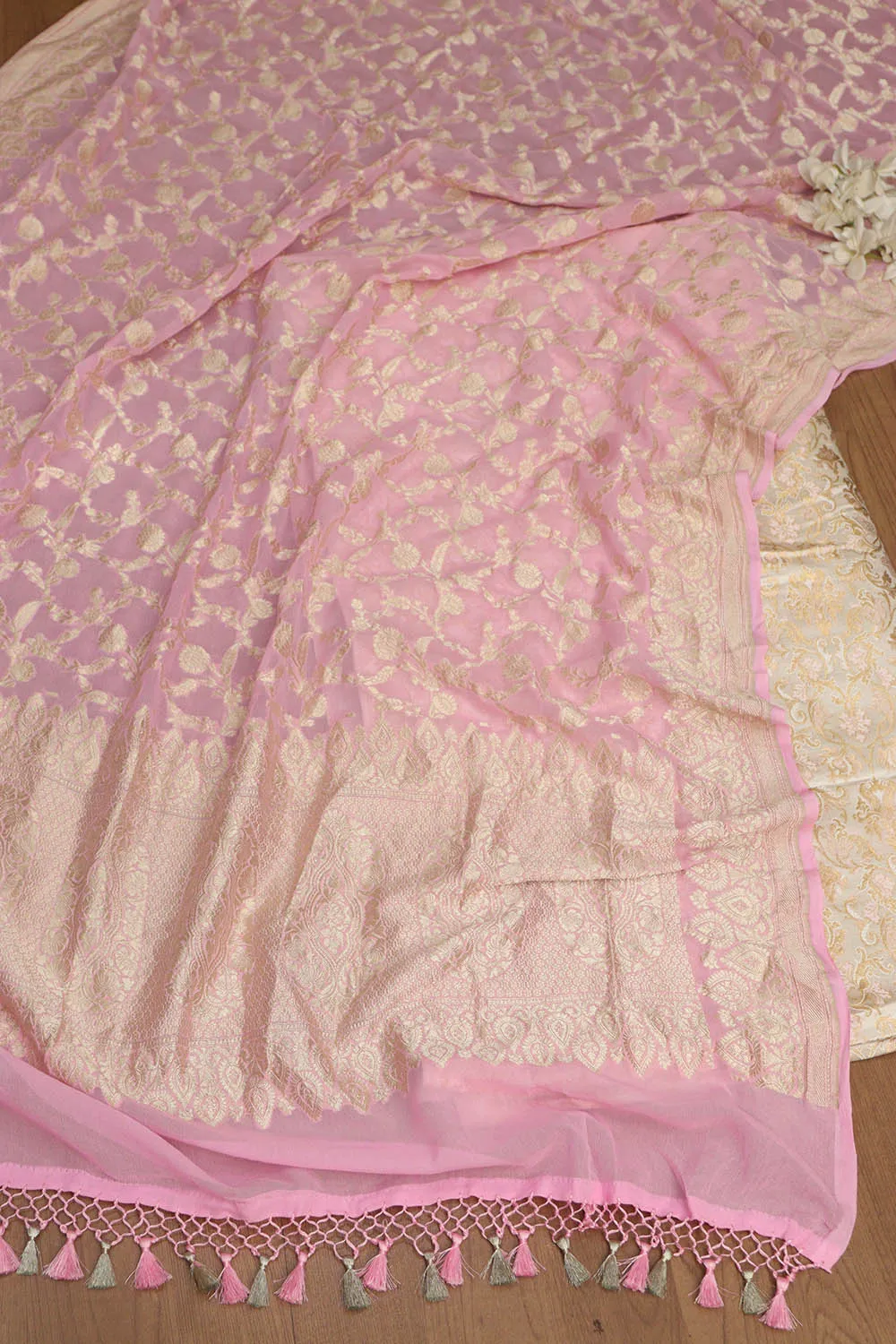 Pastel Banarasi Kimkhwab Silk Meenakari Suit With Pink Banarasi Handloom Pure Georgette Dupatta