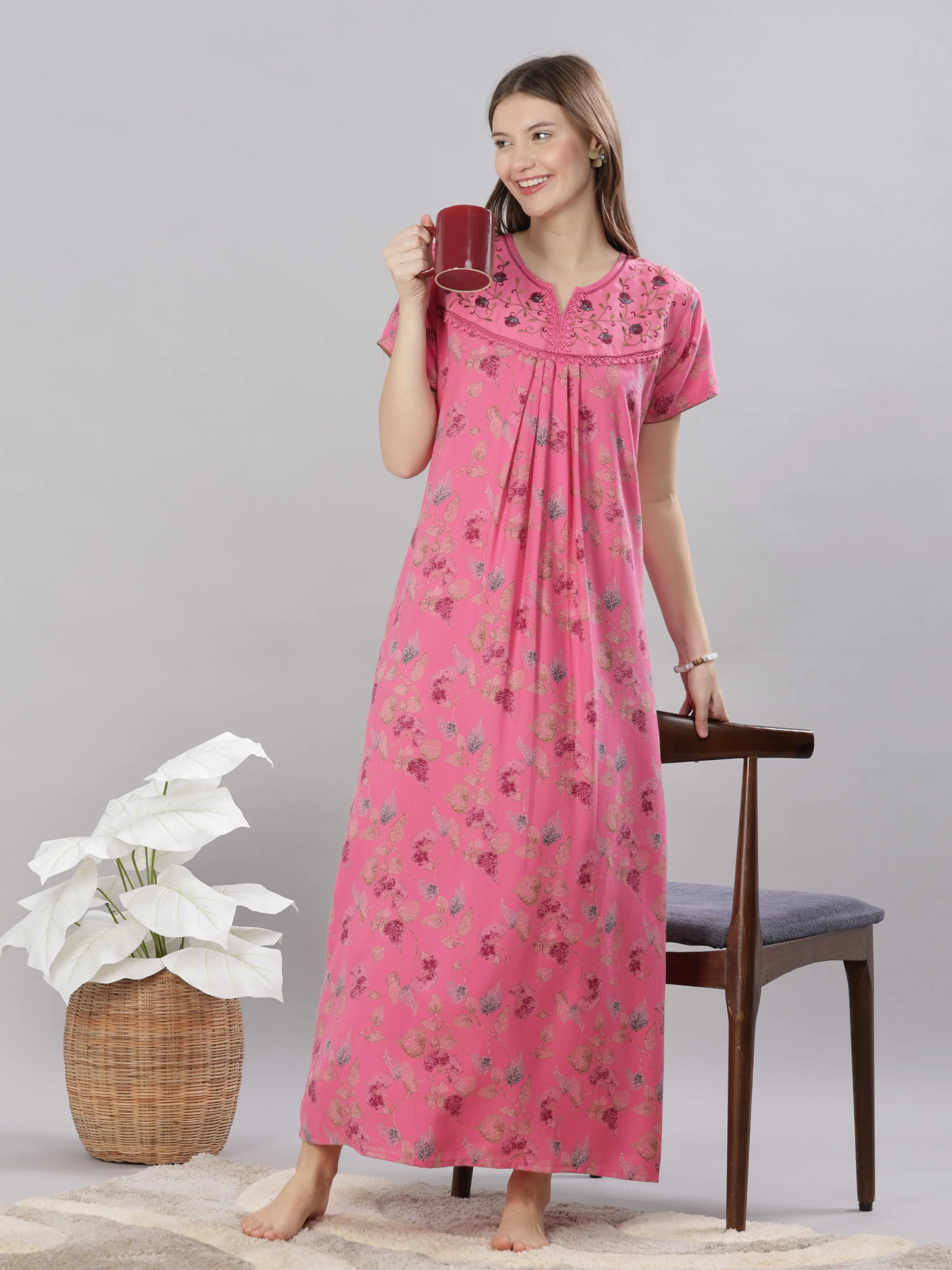 Pink Embroidered Alpine Nighty for Women with Pleats and Pocket