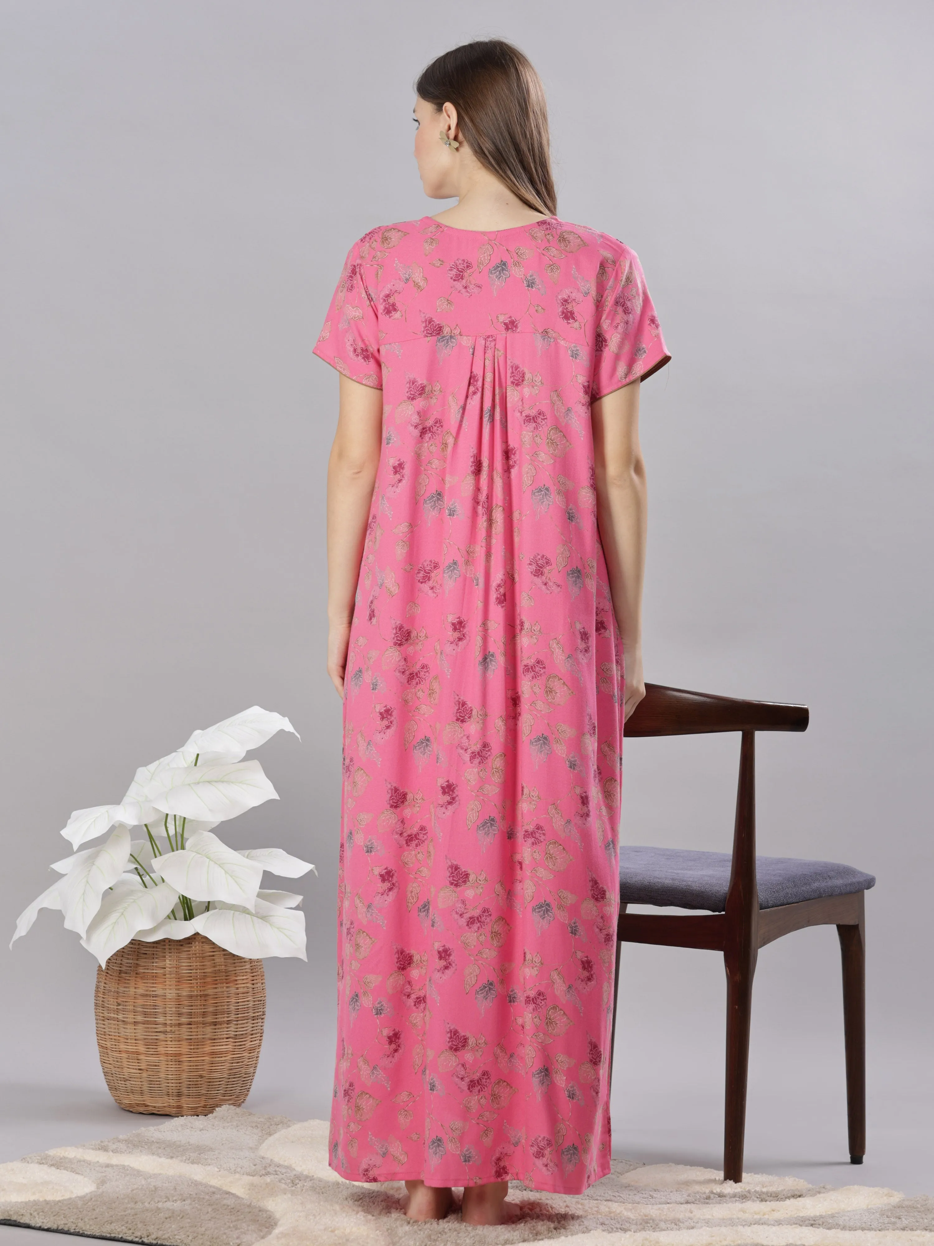 Pink Embroidered Alpine Nighty for Women with Pleats and Pocket