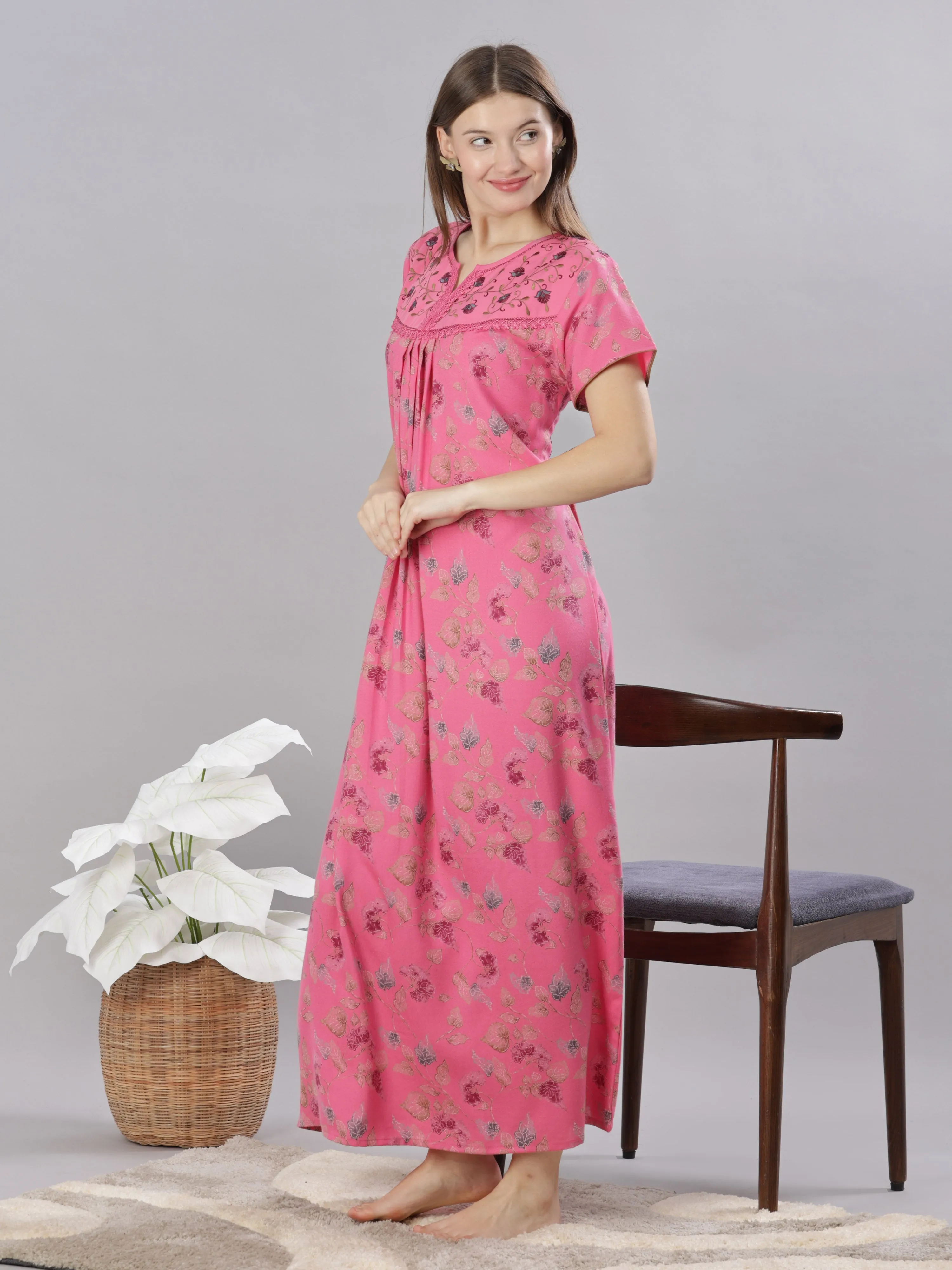 Pink Embroidered Alpine Nighty for Women with Pleats and Pocket