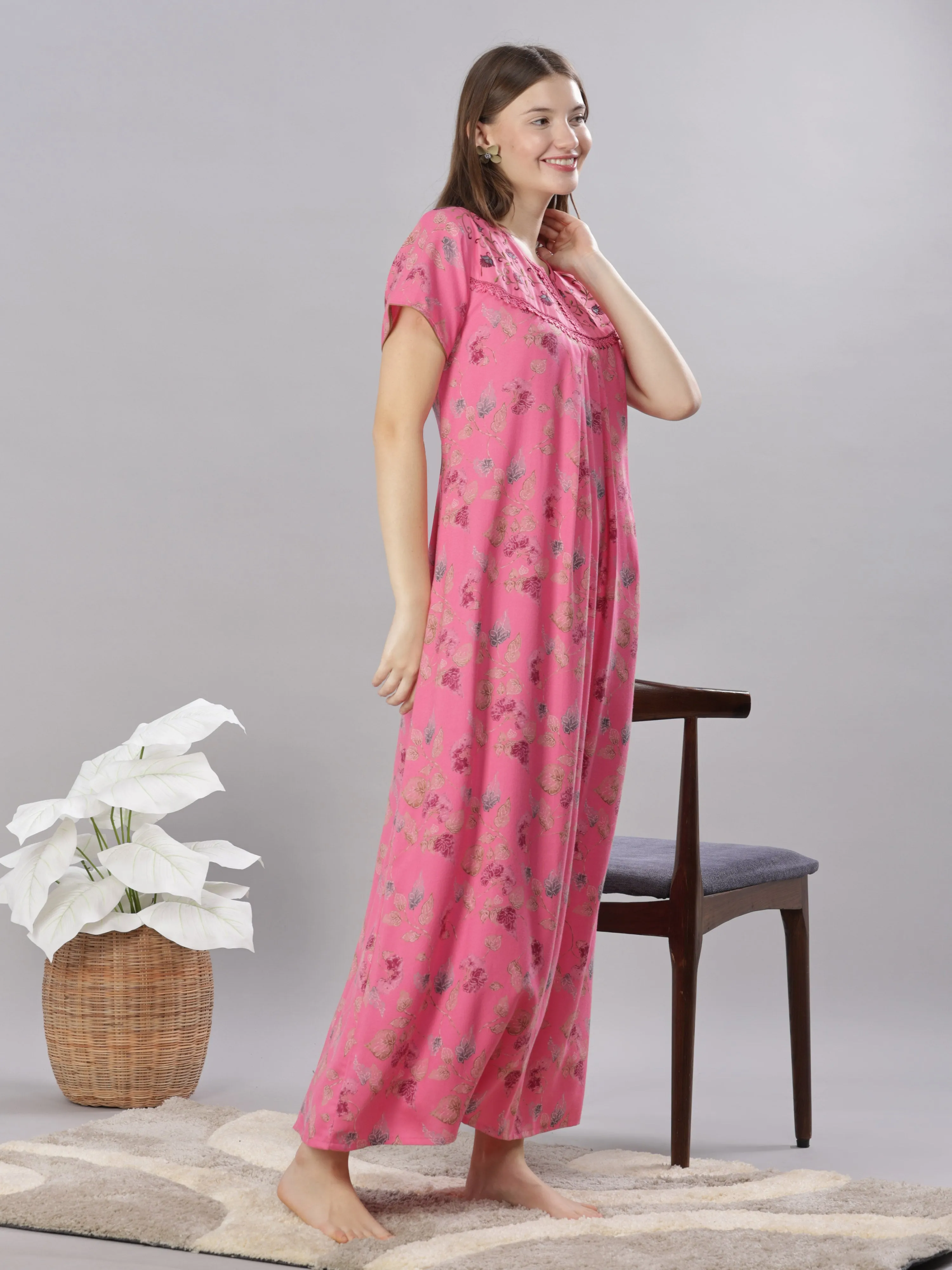 Pink Embroidered Alpine Nighty for Women with Pleats and Pocket